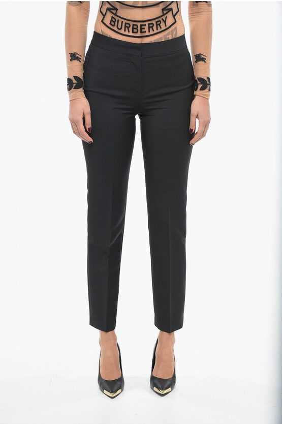 image of Burberry Mohair Blend Pants With Logoed Buttons in Black, Women's (Size 26)