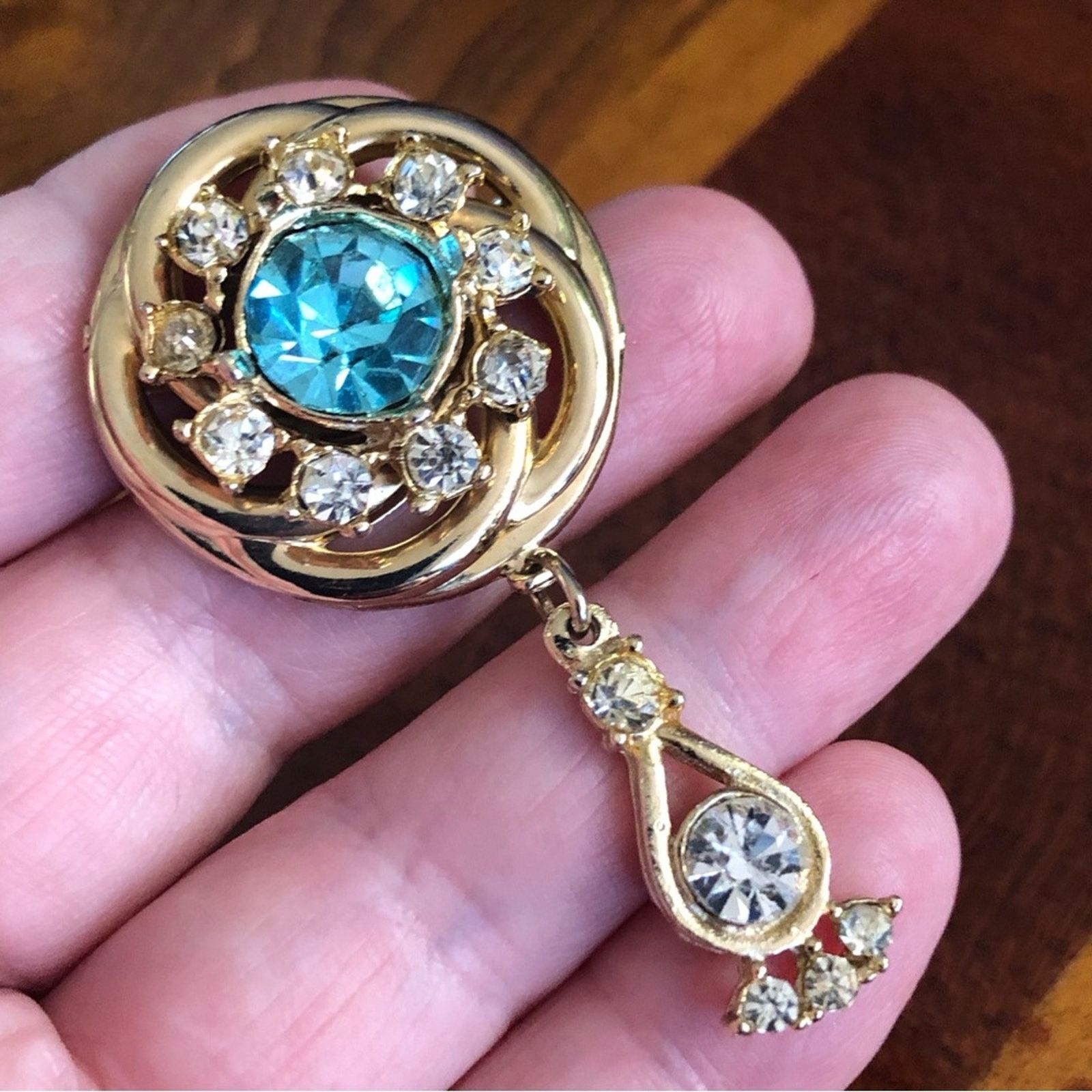 Vintage Vintage blue & clear rhinestone dangle style brooch pin Size ONE SIZE - 3 Thumbnail