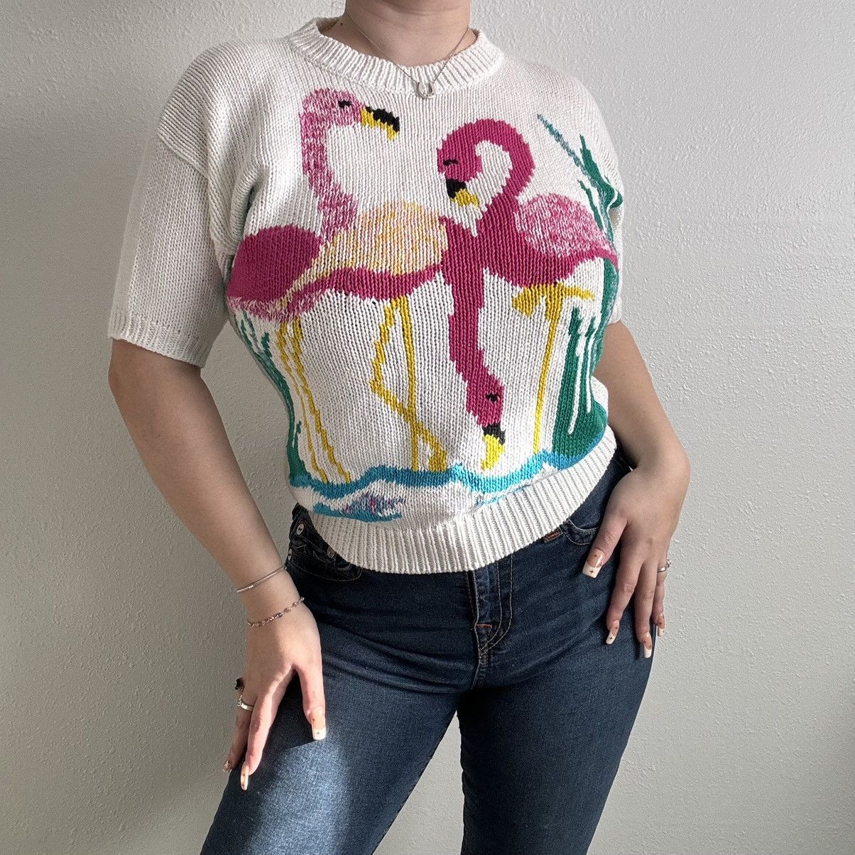 Vintage HONORS MISSES Vintage 1980s White Pink Flamingo Sweater Top Size S / US 4 / IT 40 - 1 Thumbnail
