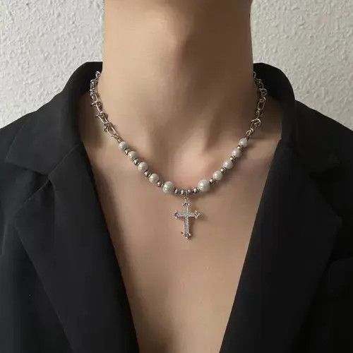 Jewelry Pearl Reflective Cross Necklace Size ONE SIZE - 2 Thumbnail
