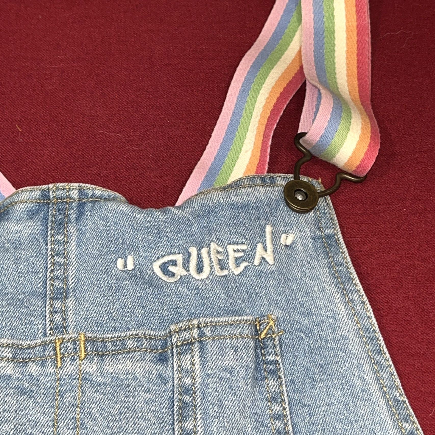 Vintage PRIDE Rainbow Blue Shortall Large Denim Shorts Bib Overalls Rainbow Straps Size 40" / US 18 - 5 Thumbnail