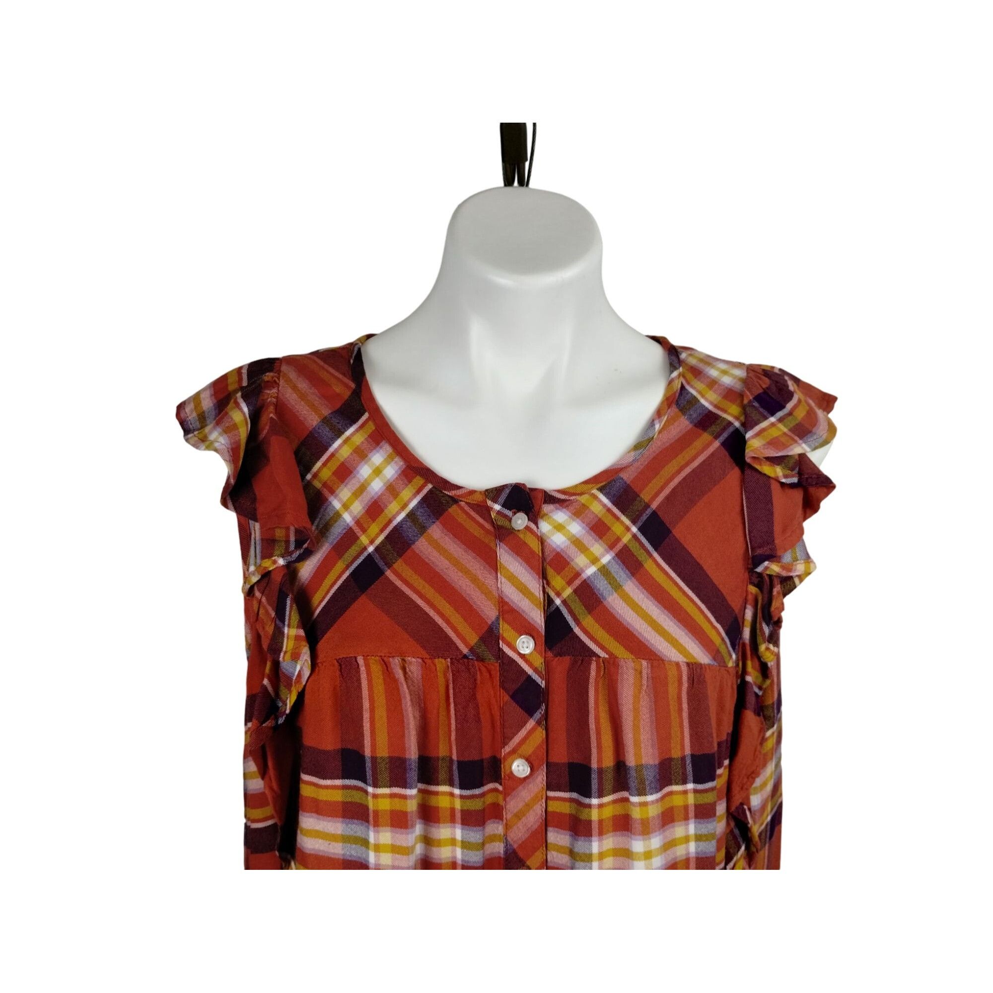Other Time and Tru Womens XXL Orange and Yellow Plaid Ruffle Sleev Size XXL / US 16-18 / IT 52-54 - 13 Thumbnail