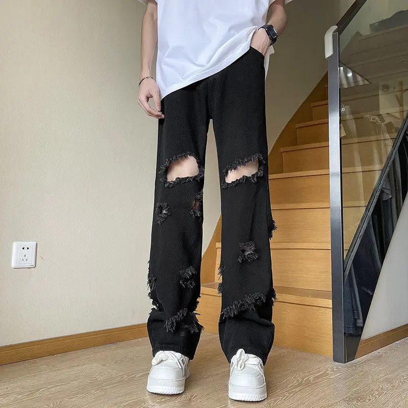 Japanese Brand Retro loose straight leg fringed ripped jeans Size US 32 / EU 48 - 6 Thumbnail