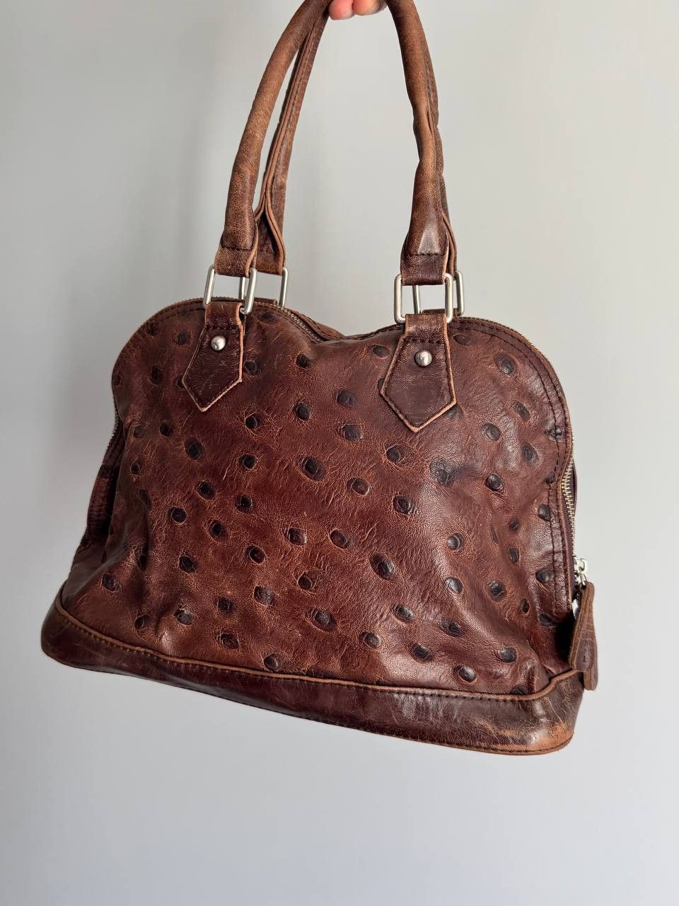 Vintage Vintage Leather Handbag Ostrich Embossed Brown Shoulder Bag Size ONE SIZE - 3 Thumbnail