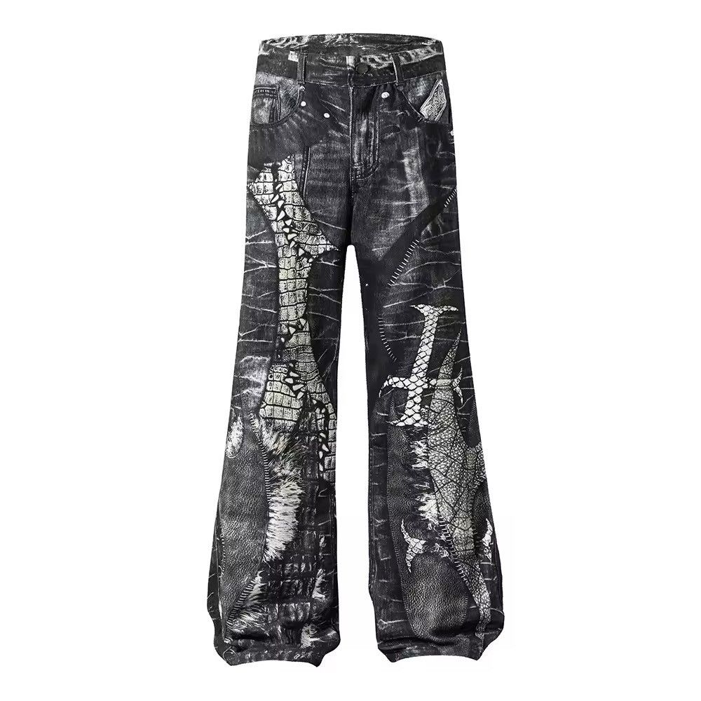 Jean Design Patchwork Printed Gothic Punk Loose Jeans Size US 35 - 1 Thumbnail