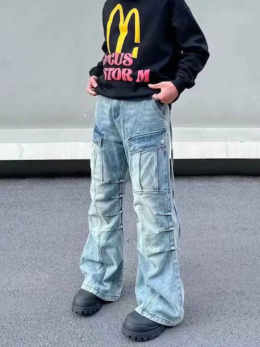Designer × Japanese Brand Blue Opium Cargo Baggy Flared Denim Jeans Size US 30 / EU 46 - 2 Thumbnail