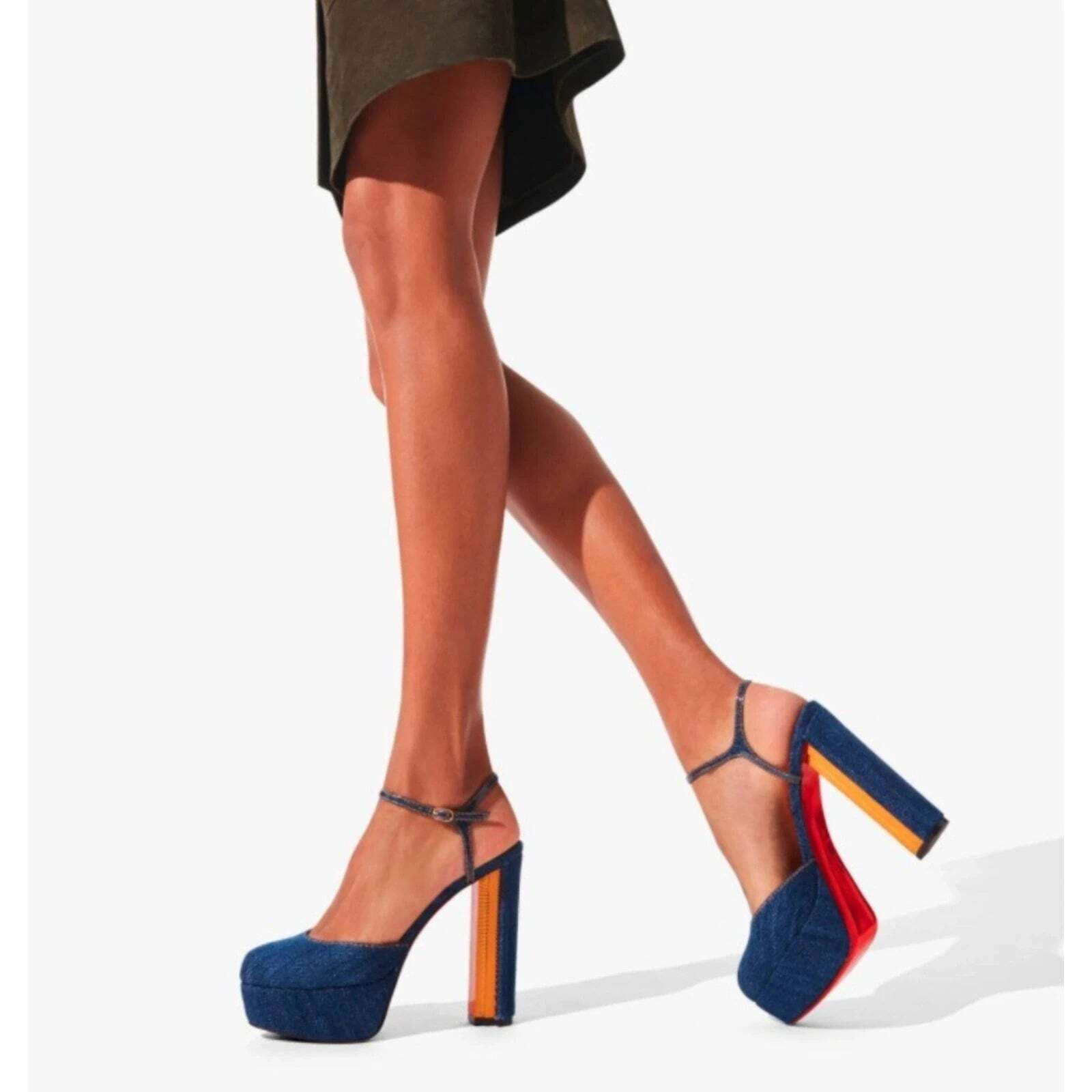Christian Louboutin Coluna Pump 130 Denim Blue Ankle Strap Platform Heel 36.5 Size US 6.5 / IT 36.5 - 5 Thumbnail