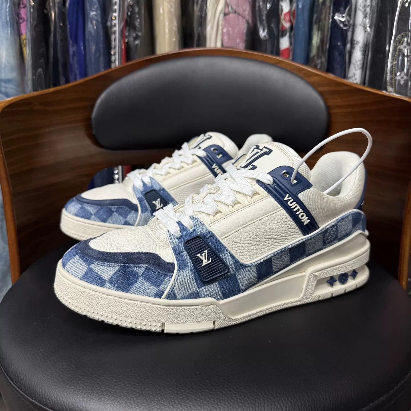 Louis Vuitton LV Trainer White/Blue Denim & Checker Uk7/41 Worn Size US 8 / EU 41 - 1 Thumbnail