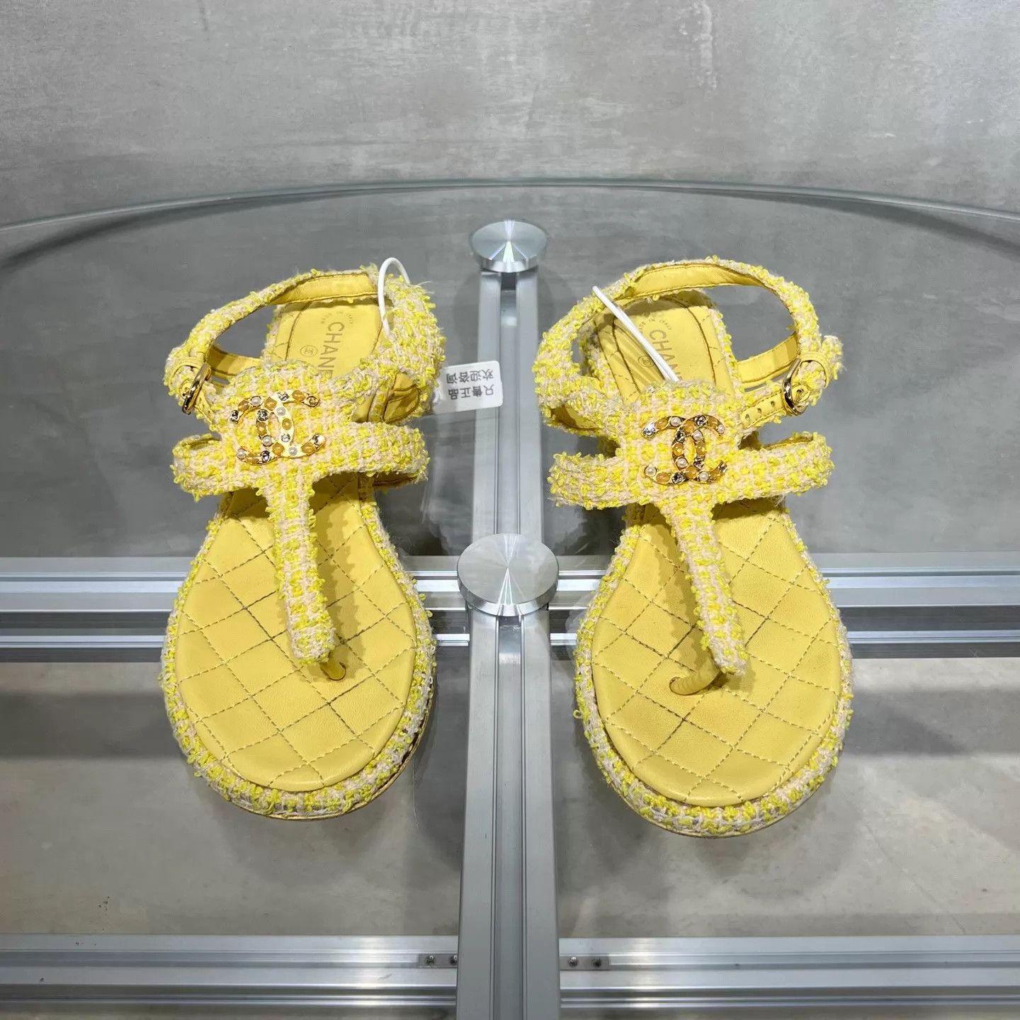 Chanel Chanel Yellow Tweed CC Logo Sandals EUR37 Size US 6.5 / IT 36.5 - 1 Thumbnail