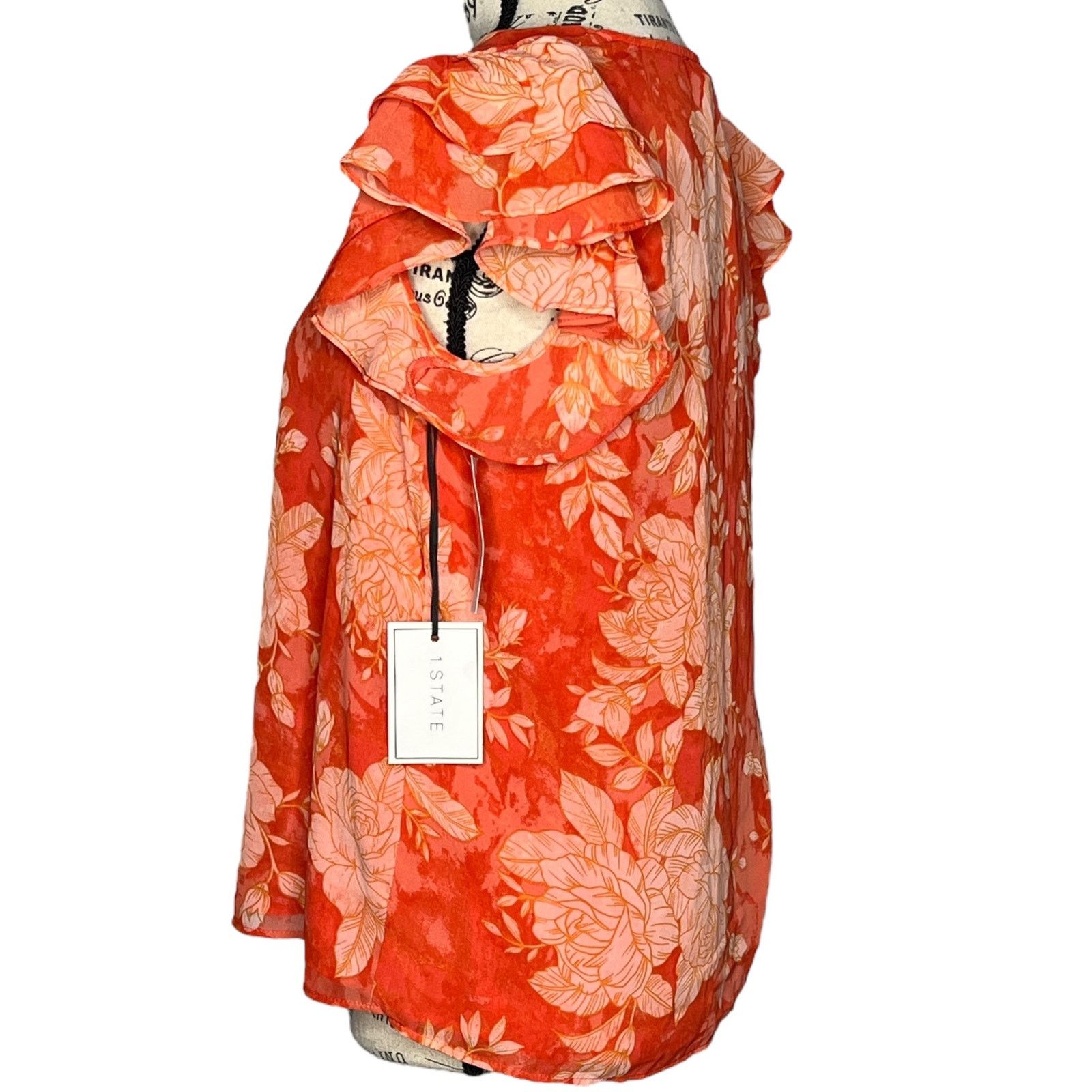 Other Floral Ruffle Short Sleeve V-Neck Fully Lined Chiffon Blouse Size S / US 4 / IT 40 - 3 Thumbnail