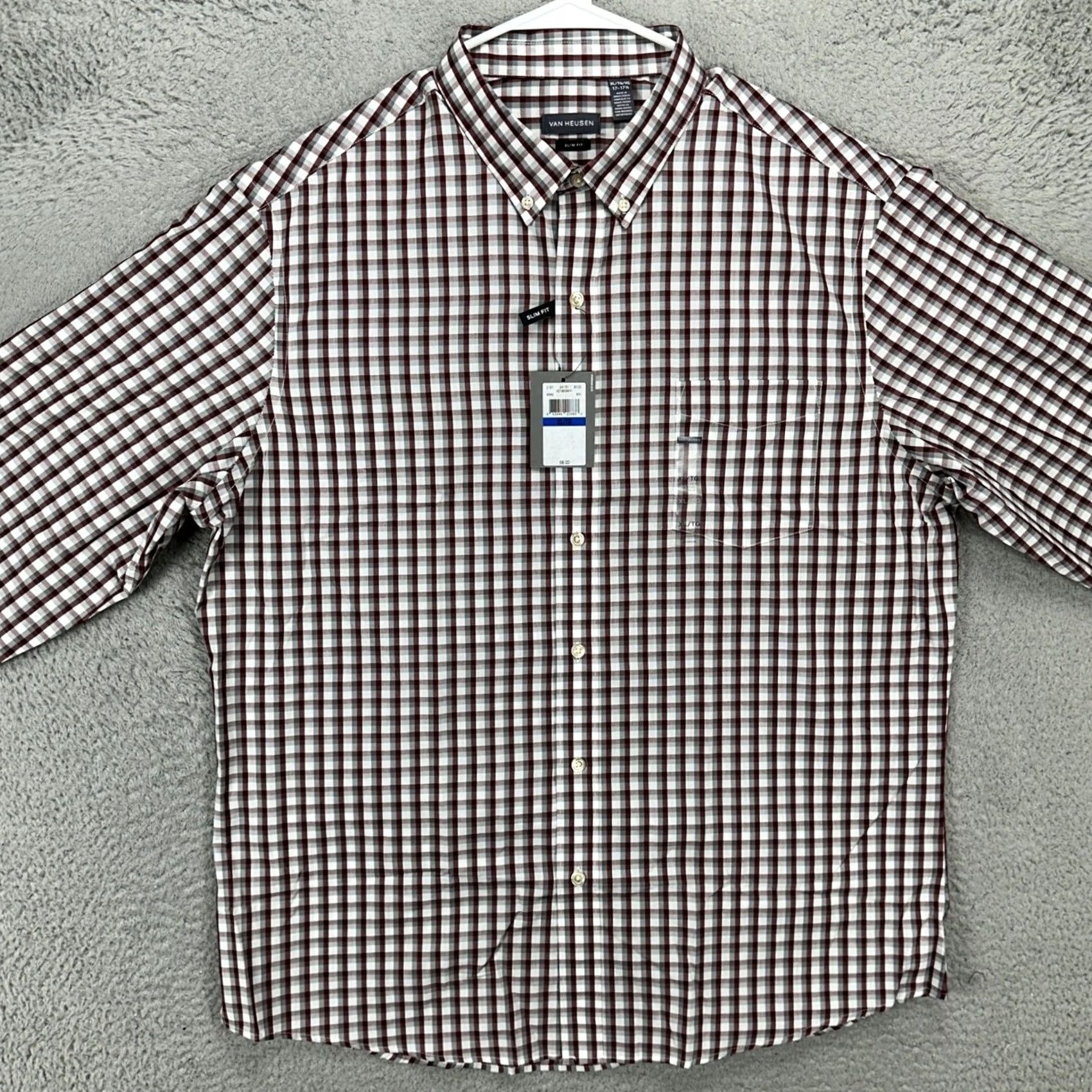 Van Heusen VINTAGE Van Heusen Shirt Dress Men 17-17.5 XL Red Gray Plaid Button-Down Pocket Slim NEW Size 46R - 3 Thumbnail