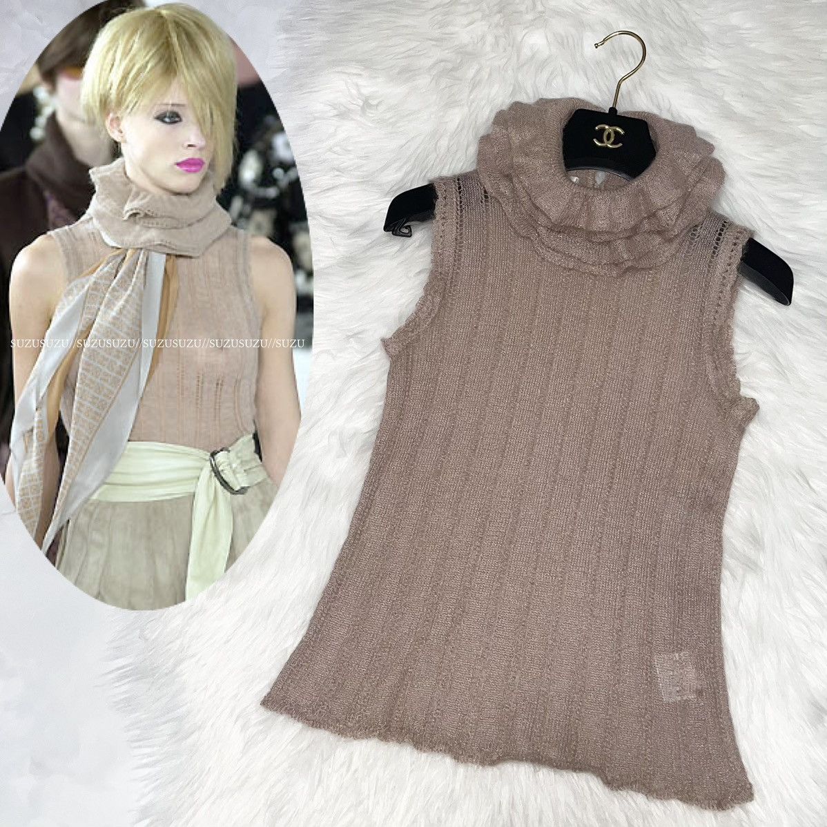 image of Chanel Mohair Blend Ruffle Collar Sleeveless Knit Sweater 38 in Beige, Women's (Size XS)