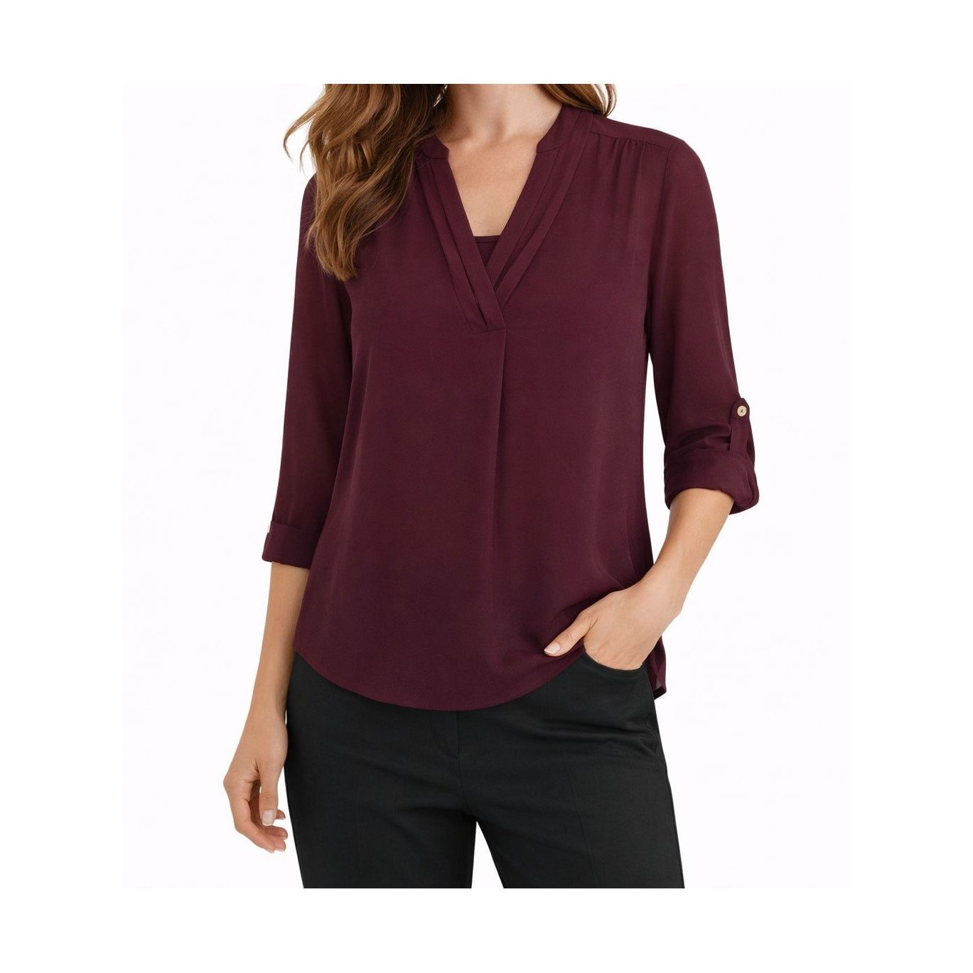 Other Burgundy Roll Tab Sleeve V Neck Blouse Long Sleeve Top L Size L / US 10 / IT 46 - 1 Thumbnail