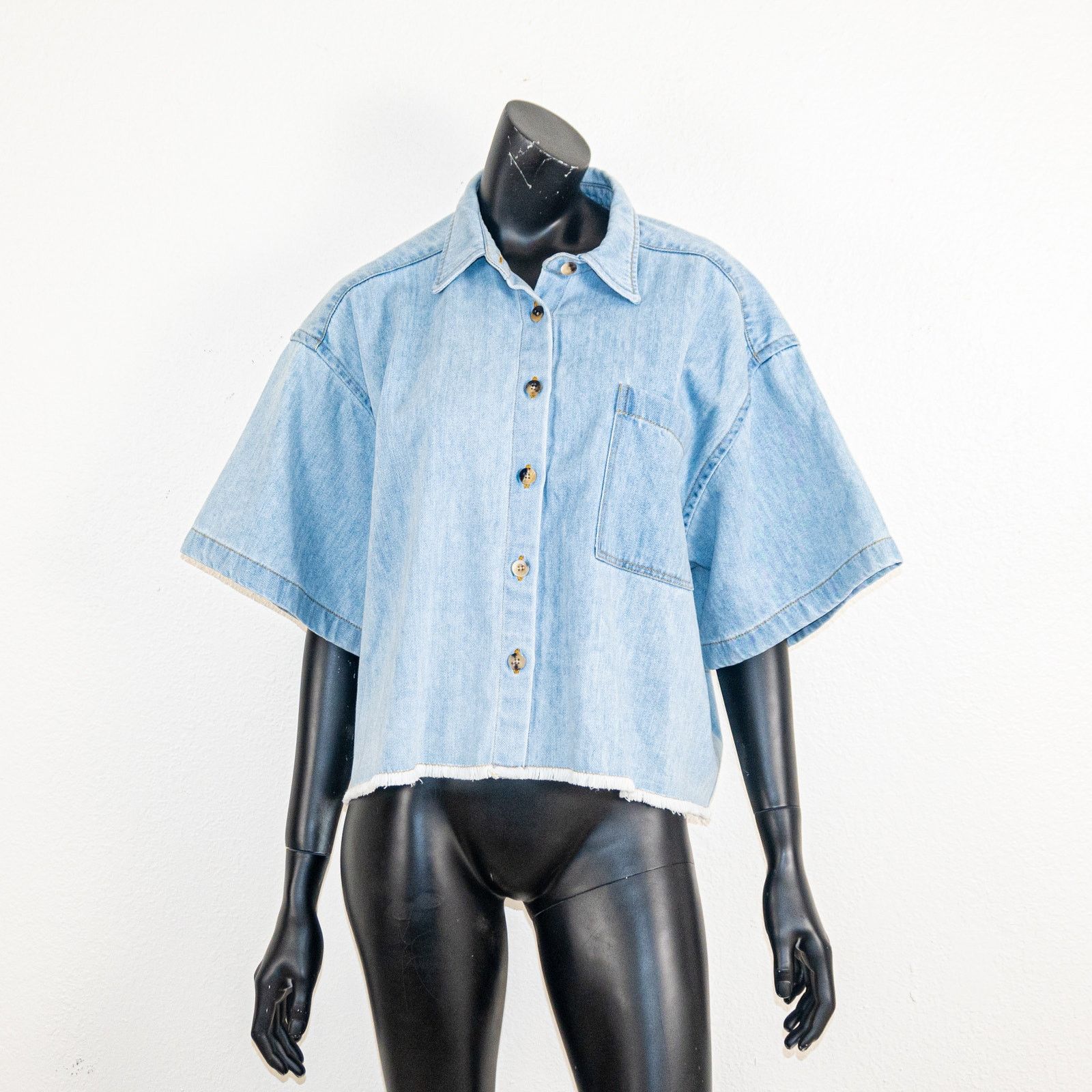 Rosetta Getty Rosetta Getty $730 Cropped Denim Shirt Mid Blue Wide Boxy Size ONE SIZE - 3 Thumbnail