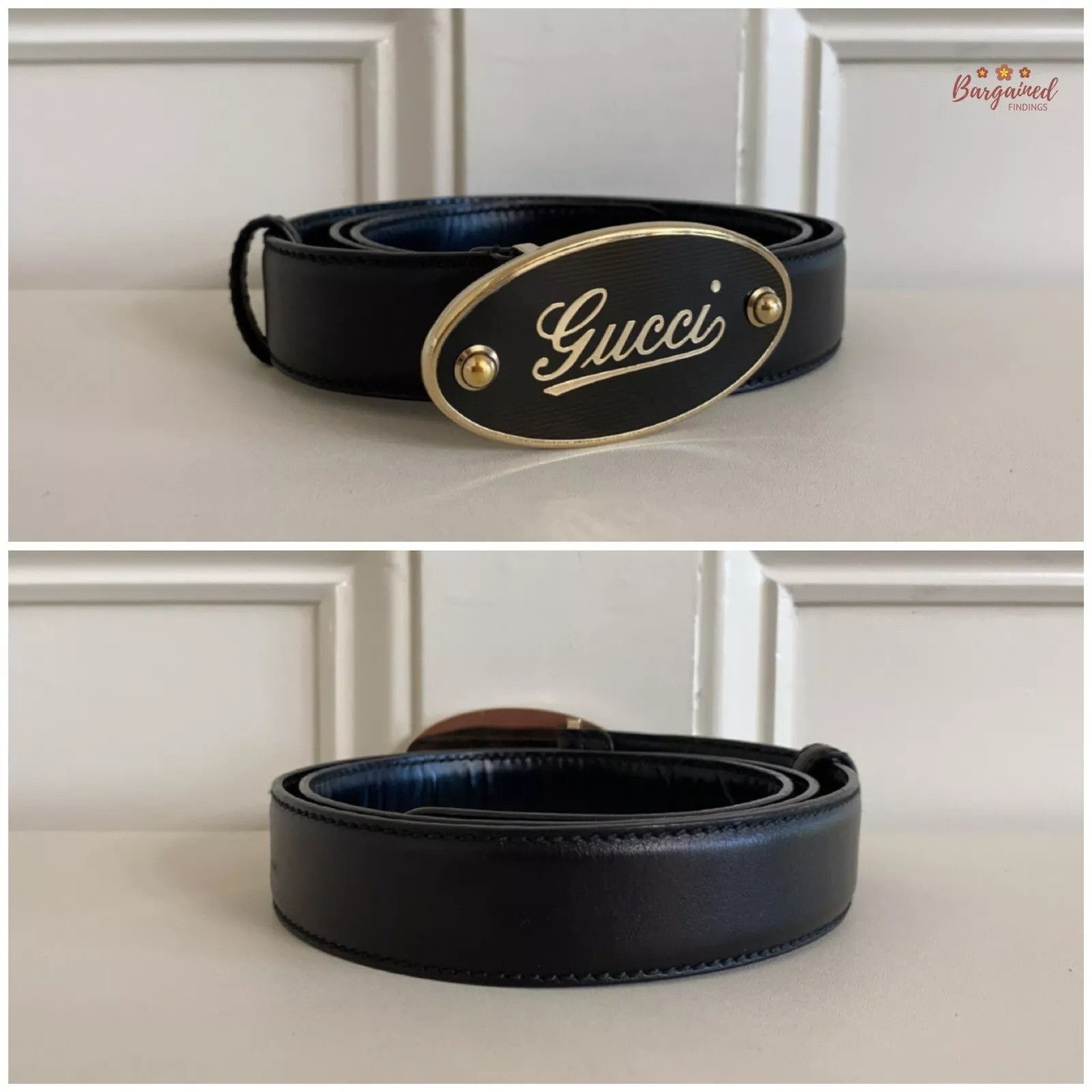 Gucci GUCCI Black Calfskin Leather Gold Script Oval Buckle Belt Size 32 - 9 Thumbnail