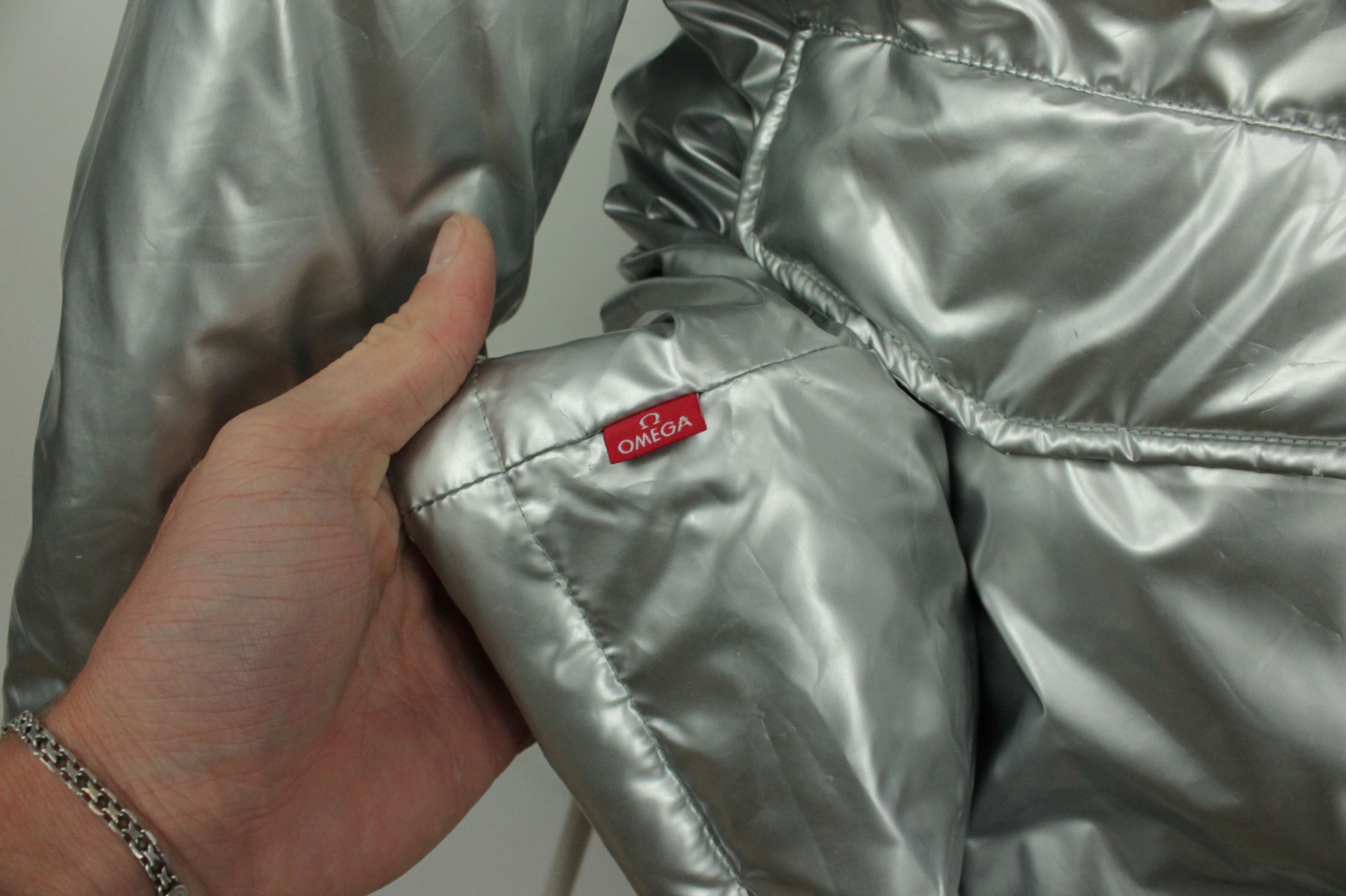 Omega Silver Puffer Winter Parka Hooded Down Jacket Men's