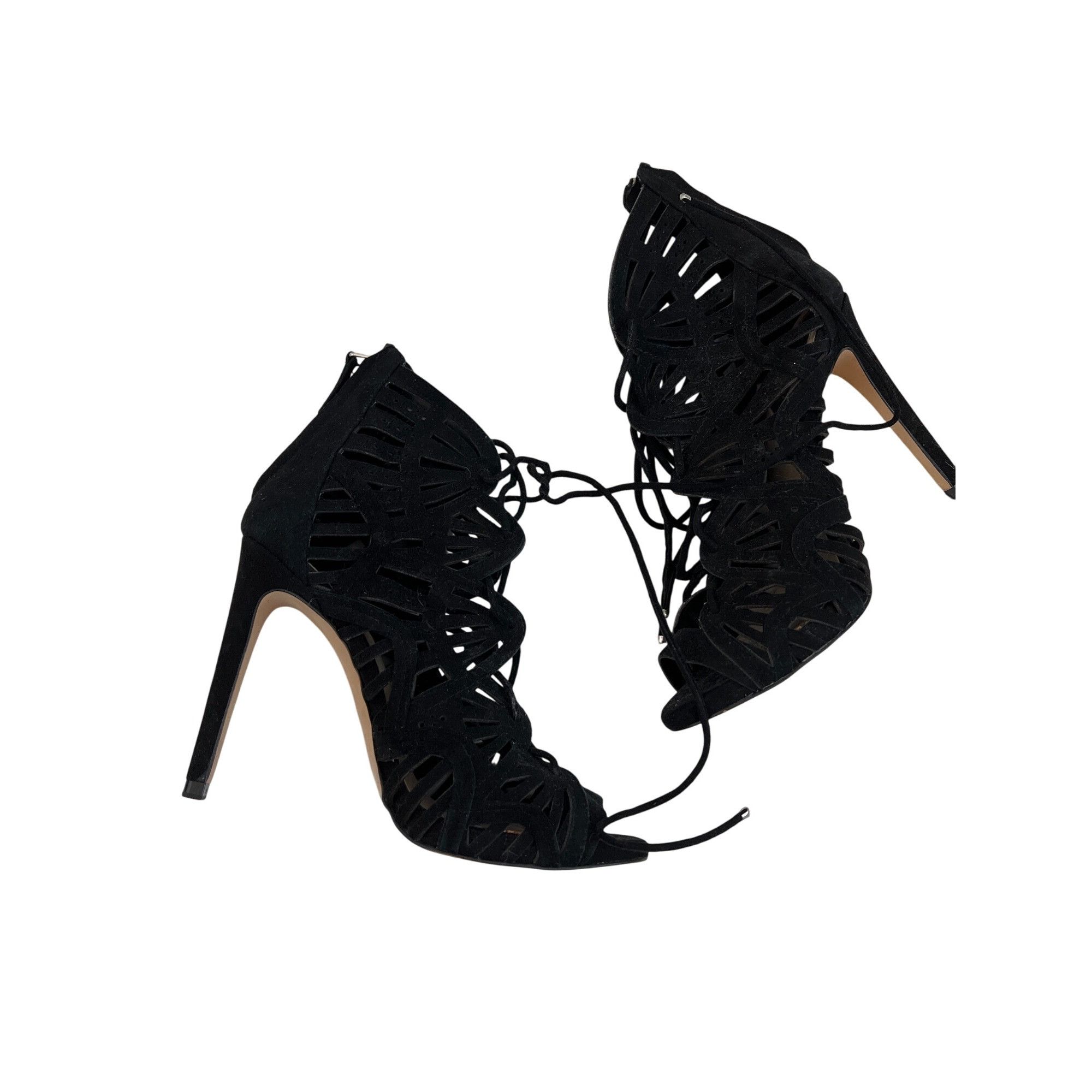 Zara Zara Lace-Up Peep Toe Black Stiletto Heels With Cut-Out Desi Size US 8 / IT 38 - 2 Thumbnail