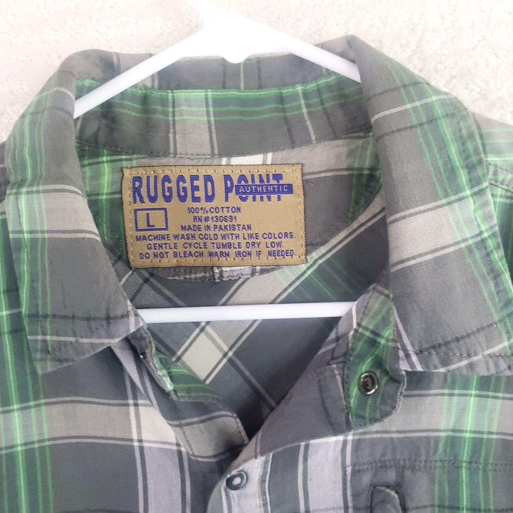 Vintage Rugged Point Button Down Shirt Mens L Green Gray Plaid Twill Zip Pocket Snap Button Size US L / EU 52-54 / 3 - 5 Thumbnail