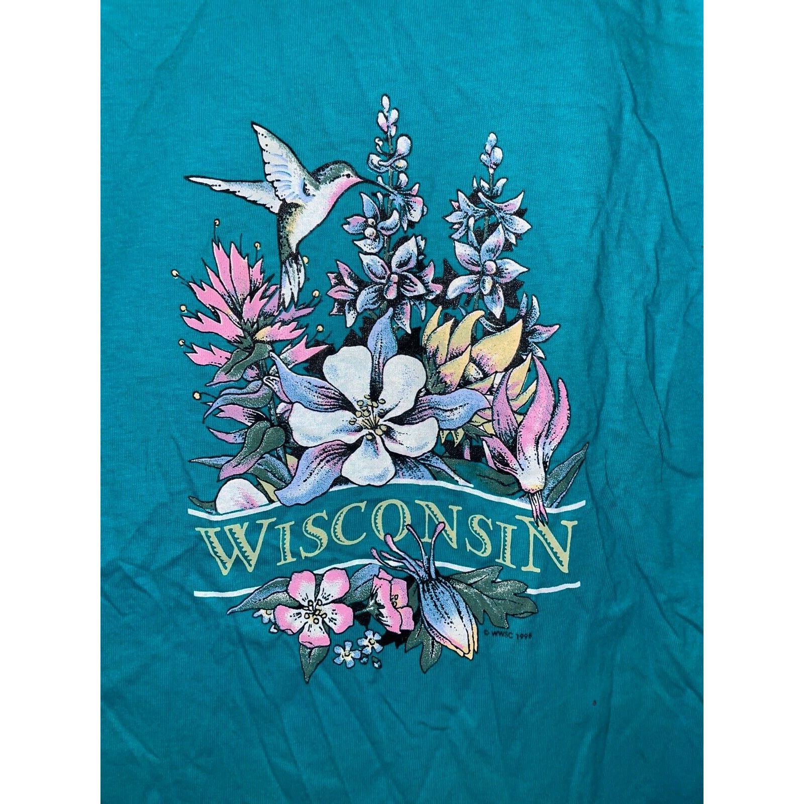 Jerzees Vintage Wisconsin Flower Shirt Teal Tee VTG 90s 1998 Large Size US XL / EU 56 / 4 - 2 Thumbnail