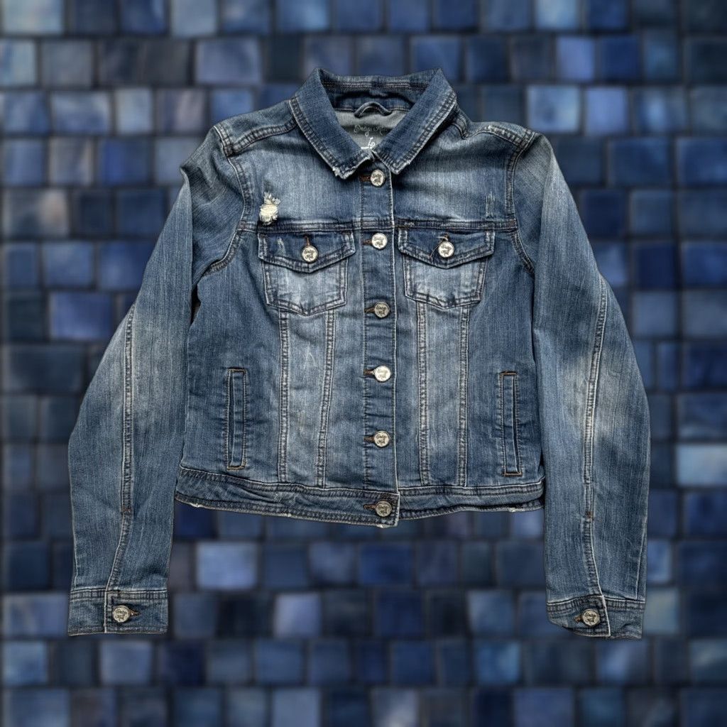 Denime VINTAGE Indigo Rein Distressed Denim Jacket Button Up Large Denim Jacket Women Size 36" / US 14 / IT 50 - 1 Thumbnail