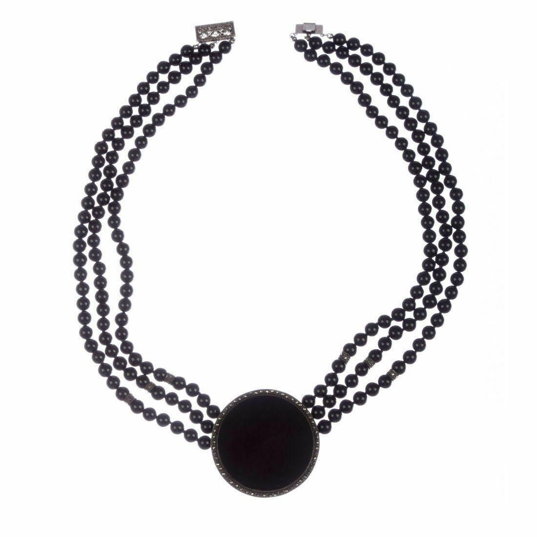 Designer Sterling Silver Onyx Bead and Marcasite Necklace Size ONE SIZE - 2 Thumbnail