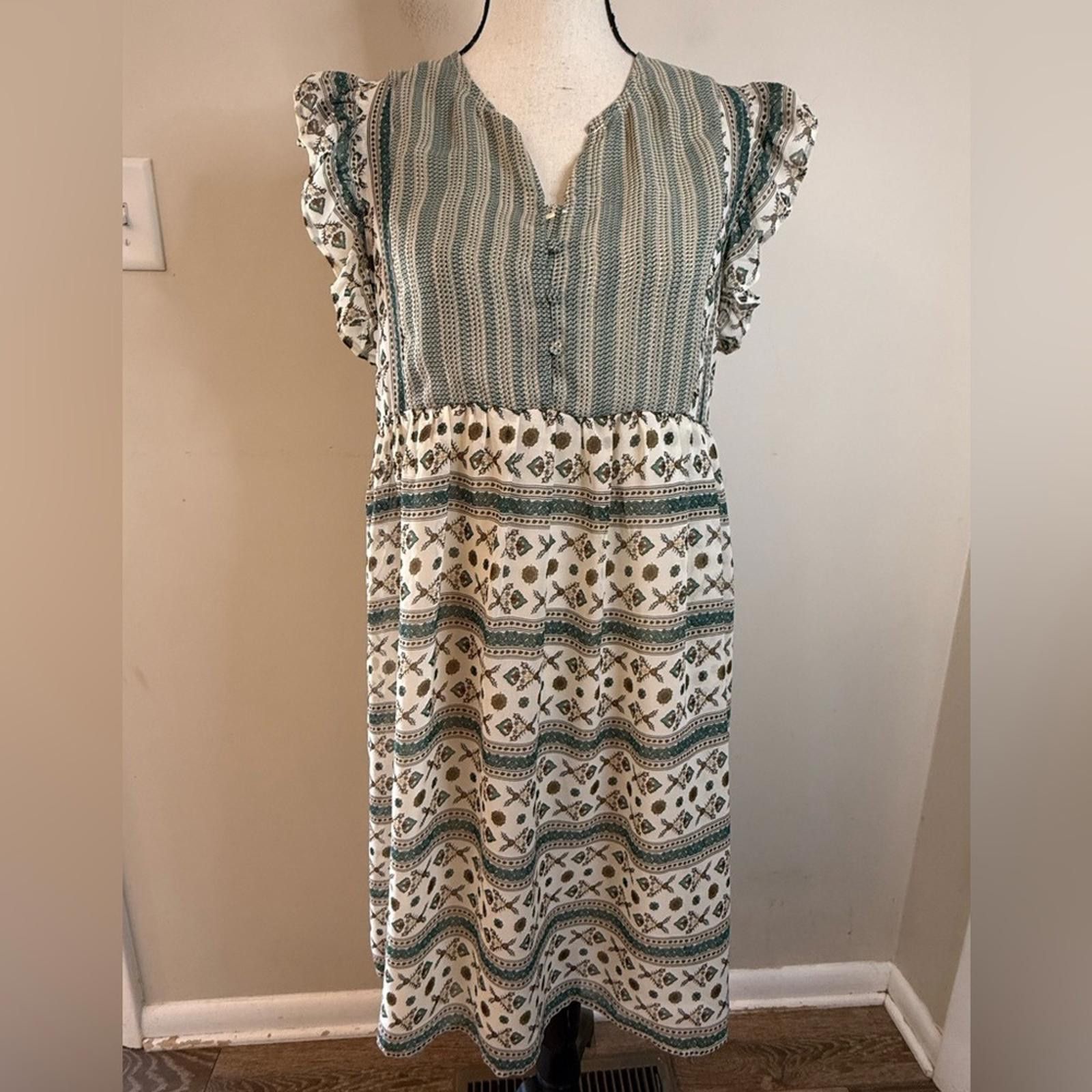Other Hayden boho dress stripe floral ruffle green cream tan SZ SM Size S / US 4 / IT 40 - 1 Thumbnail