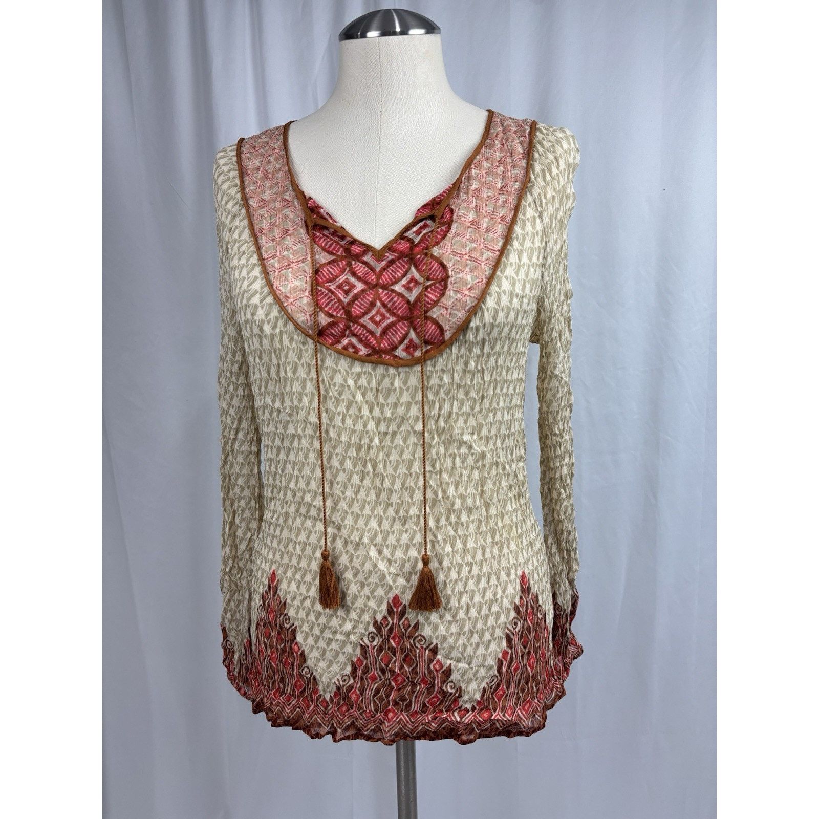 Lucky Brand Lucky Brand Womens Tan Red Boho Long Sleeve Sheer Blouse L Size L / US 10 / IT 46 - 1 Thumbnail