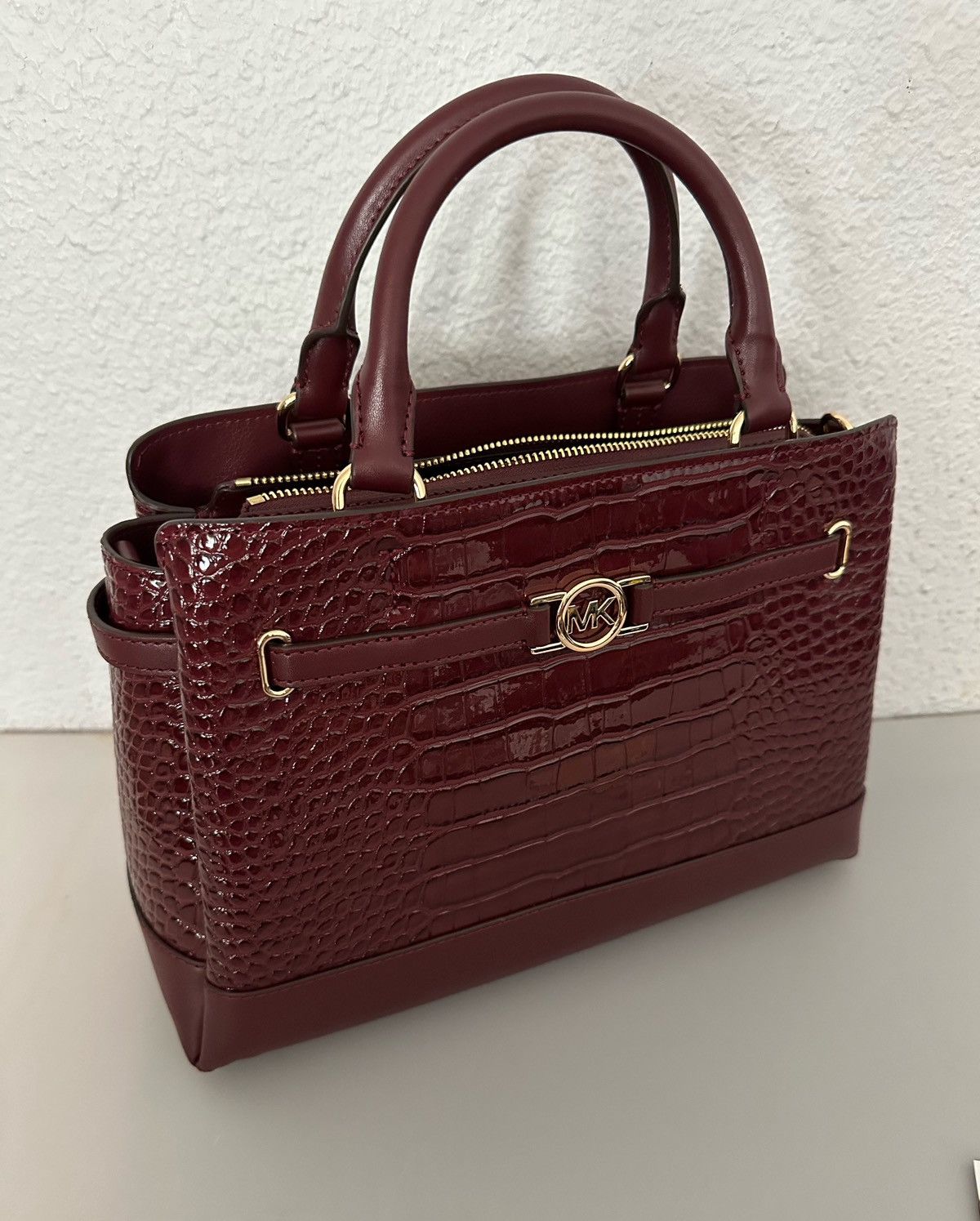 Michael Kors Reed Large Croc-Embossed Leather Belted Satchel Oxblood Size ONE SIZE - 4 Thumbnail