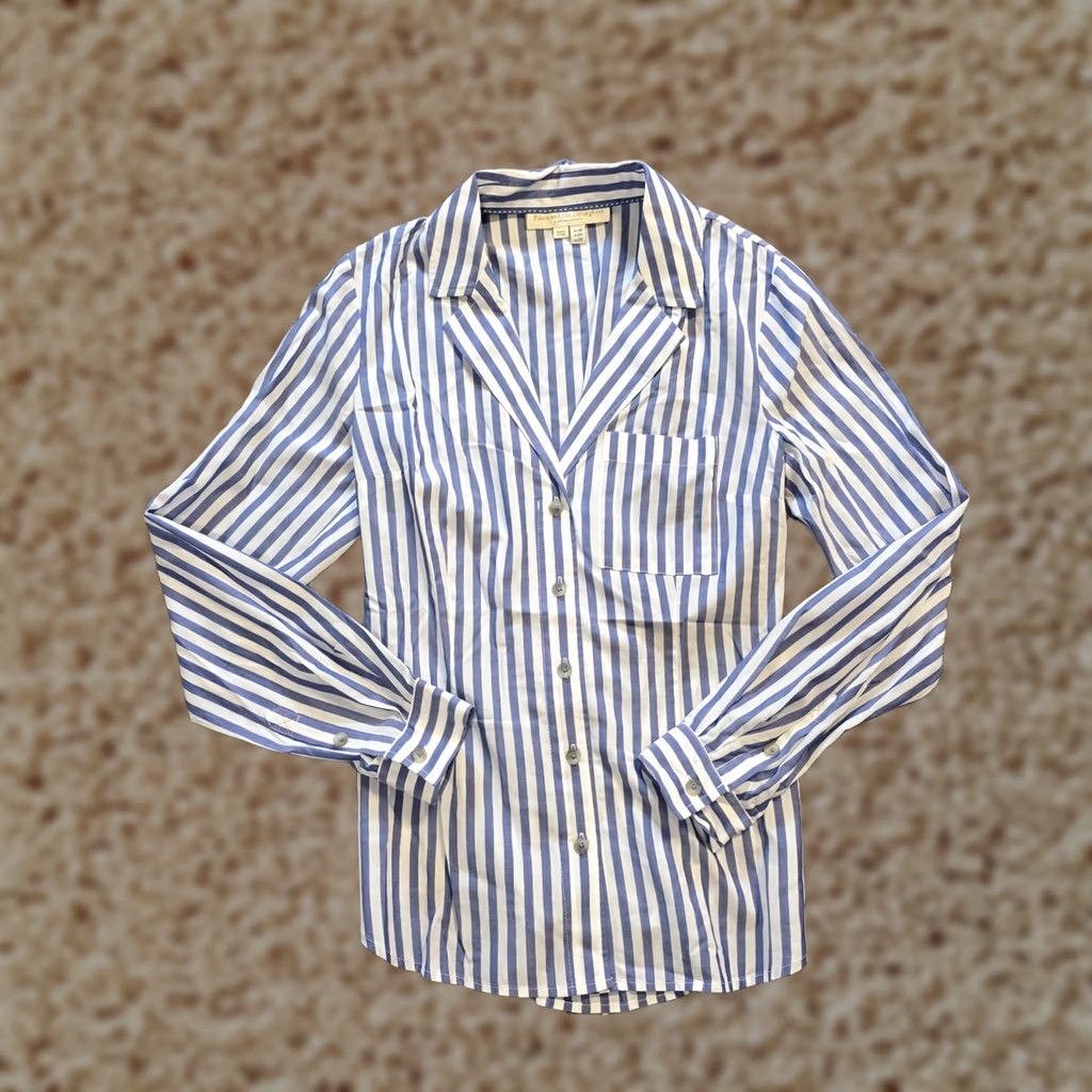 Vintage Pilcro Top Womens Size 6 Blue White Striped Laced Back Button Career Capsule Blouse Shirt Size M / US 6-8 / IT 42-44 - 1 Thumbnail