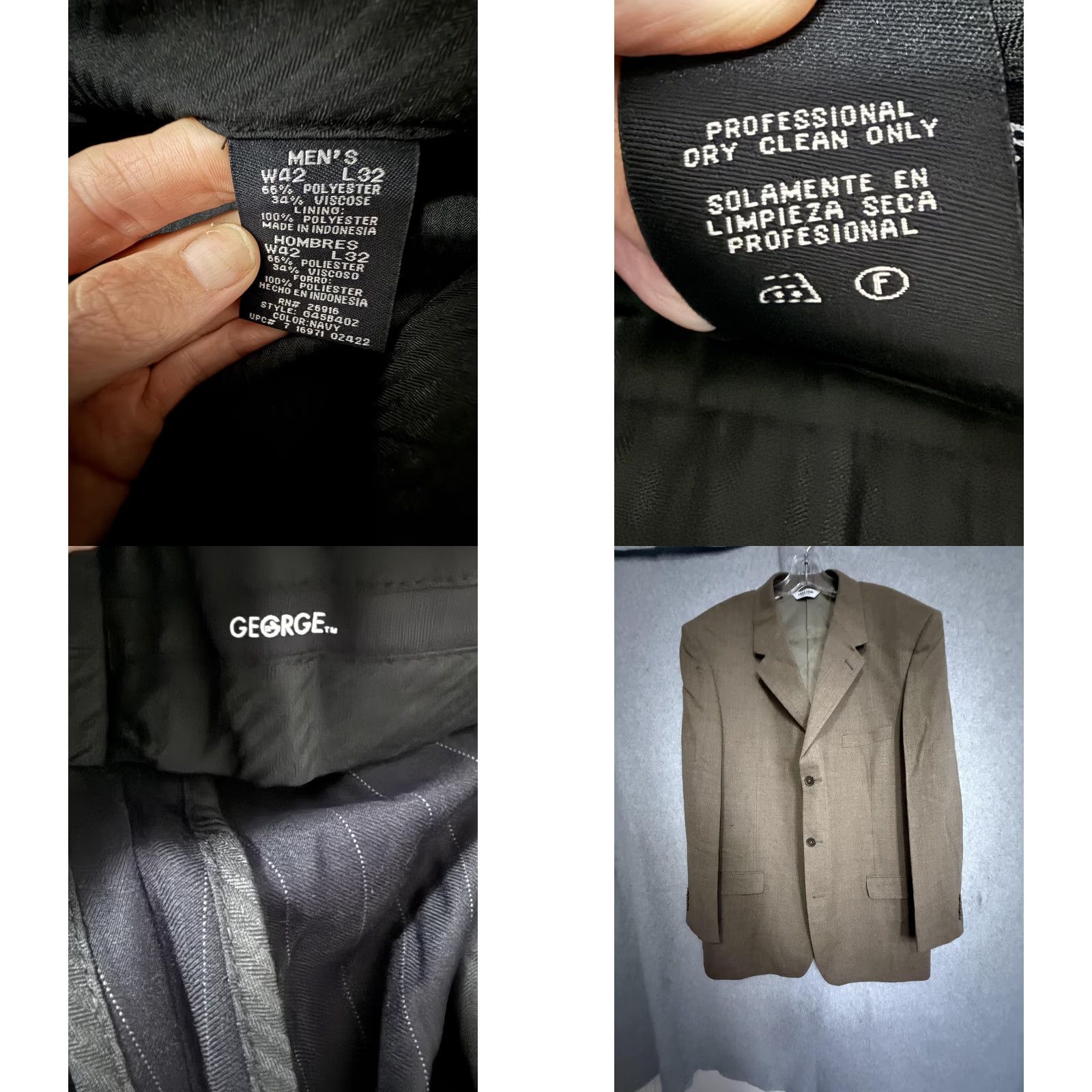 George Linea Uomo George Suit Mens 48L 42x32 Brown Navy Wool Pinstripe Jacket Pants Size 48R - 8 Thumbnail