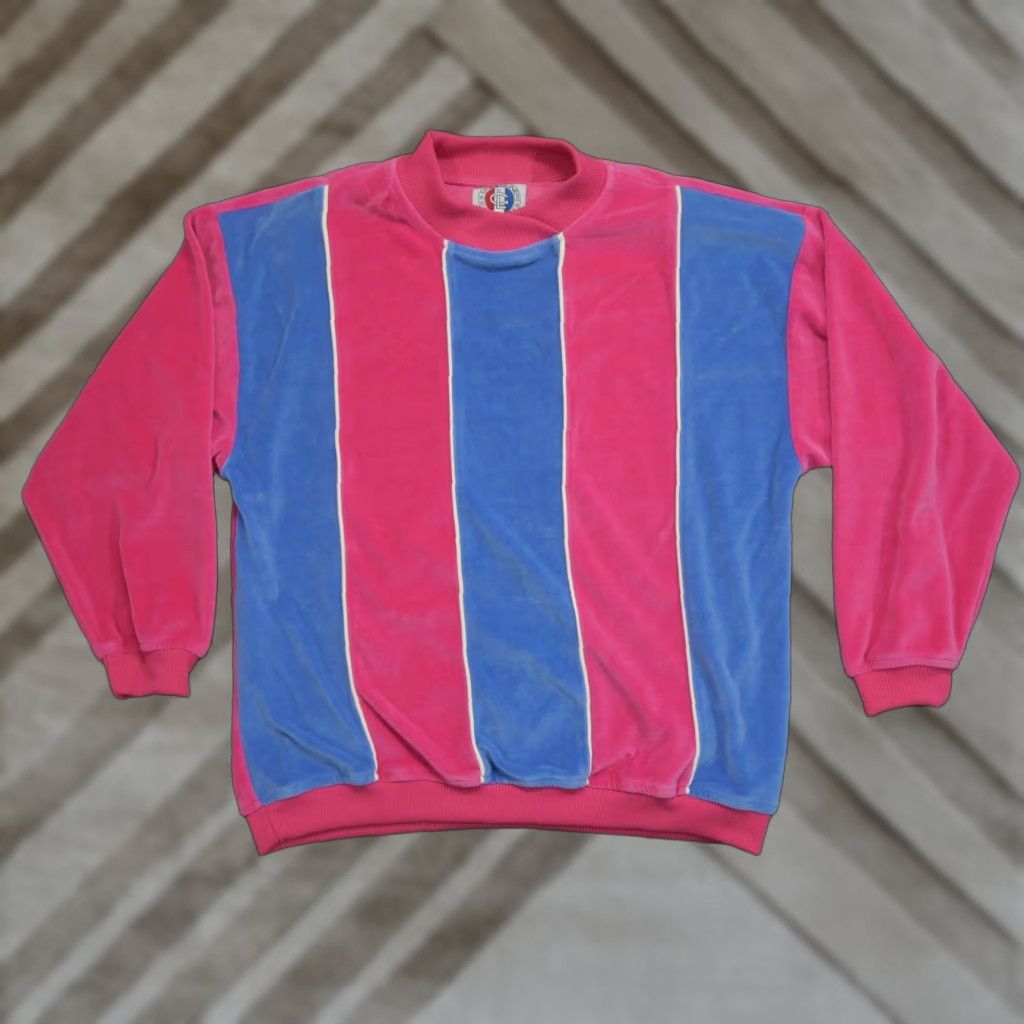 Velour VINTAGE Greenline Sports Sweatshirt Womens M Pullover Crew Neck Velour 90s Striped Pink Blue Cotton Blend Raglan Sleeve Size M / US 6-8 / IT 42-44 - 1 Thumbnail
