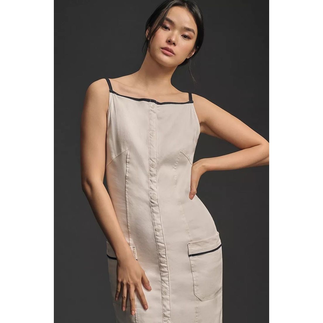 Anthropologie NWT The Colette Button Midi Dress $168 X-SMALL Ivory Pockets Size XS / US 0-2 / IT 36-38 - 2 Thumbnail