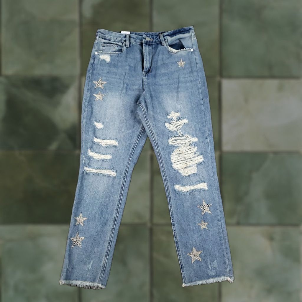 Vintage BLANKNYC Jeans Women’s 30 Blue Distressed Cropped Girlfriend Raw Hem Stars Size 30" / US 8 / IT 44 - 1 Thumbnail