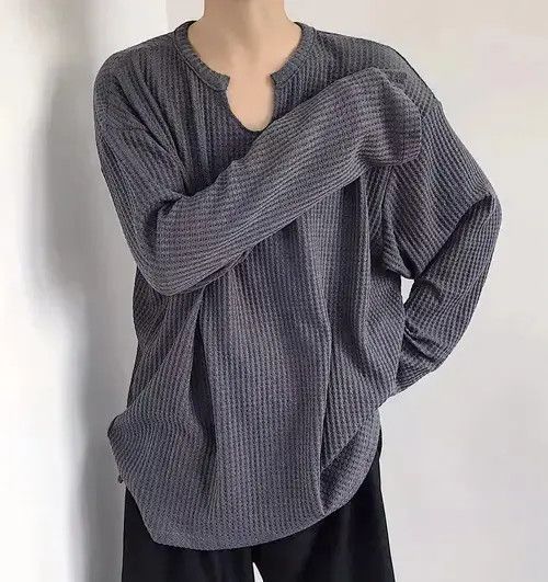 VIBE Korean fashion grey U neck long sleeve waffle top Size US L / EU 52-54 / 3 - 1 Thumbnail