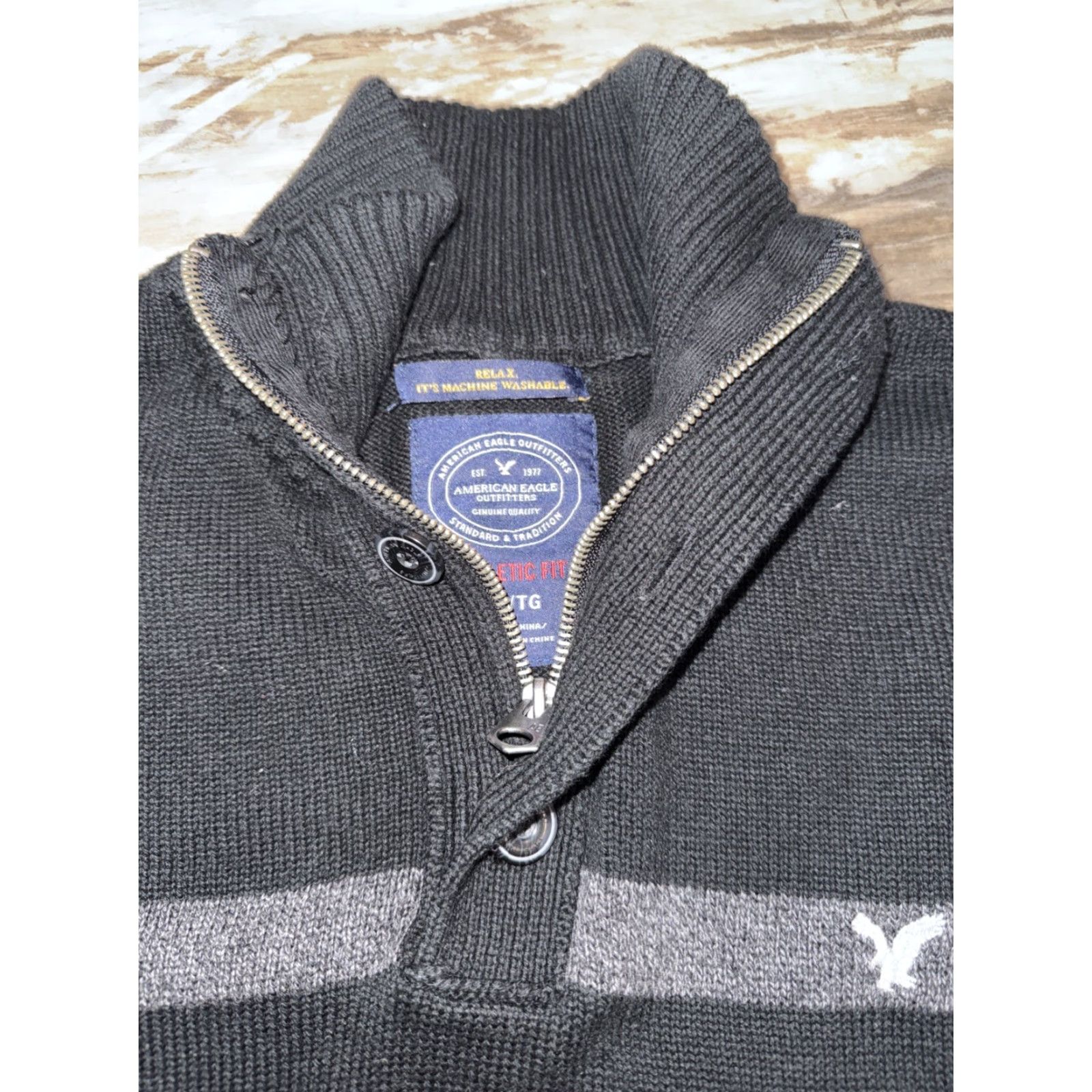 American Eagle Outfitters American Eagle Outfitters Sweater Men’s Black Gray Striped Athletic Fit Quarter Zip XL Size US XL / EU 56 / 4 - 6 Thumbnail