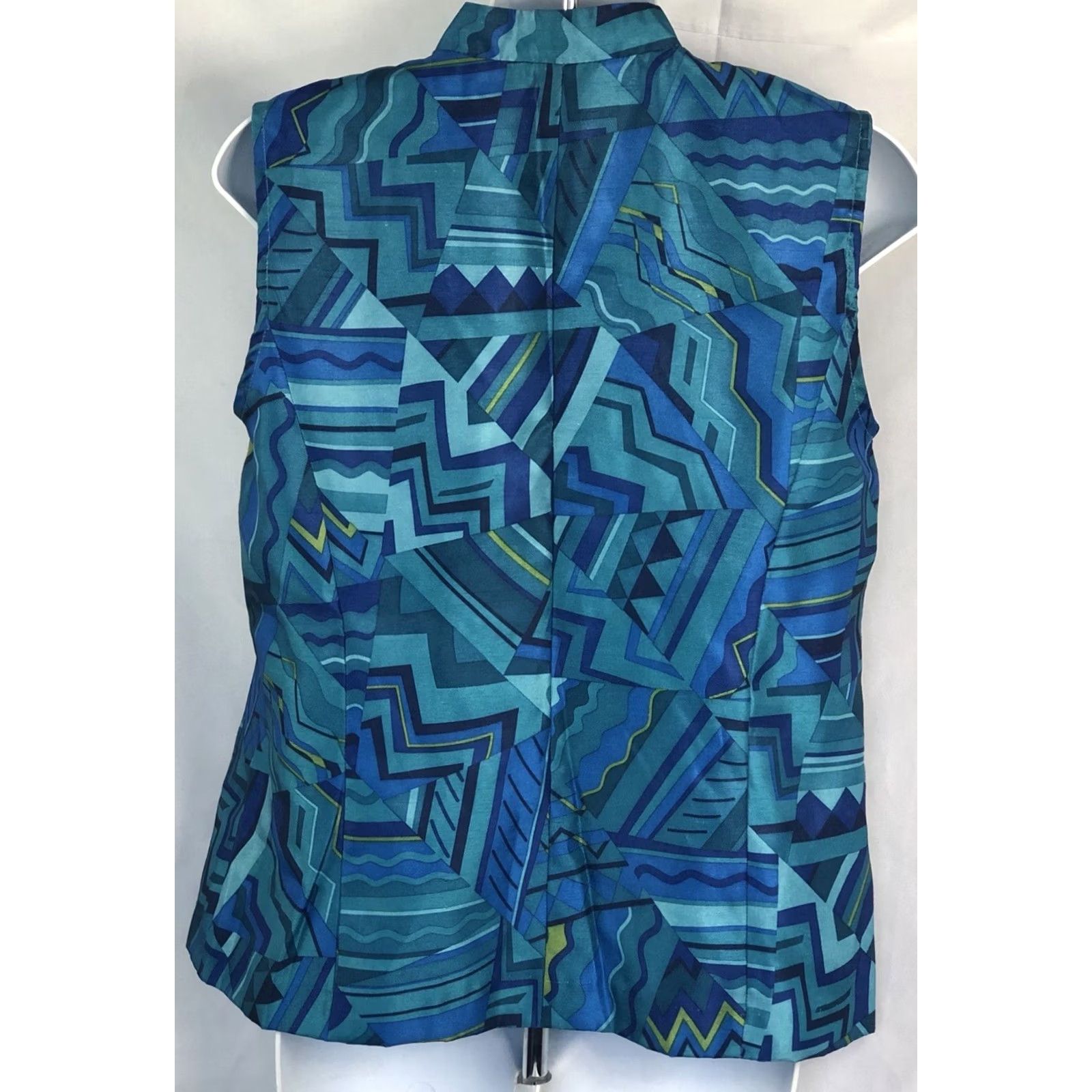 Vintage Sag Harbor Blouse Shirt Teal Blue Band Mandarin Collar Button Front 8P Petite Womens Sleeveless Geometric Pattern Size M / US 6-8 / IT 42-44 - 3 Thumbnail