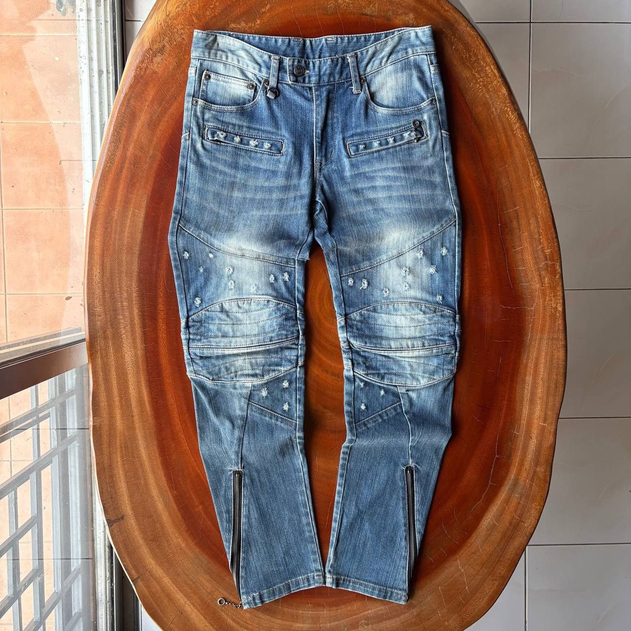 PPFM PPFM Biker Multipocket Zipper Stud Blue Jeans Pants Size US 31 - 1 Thumbnail