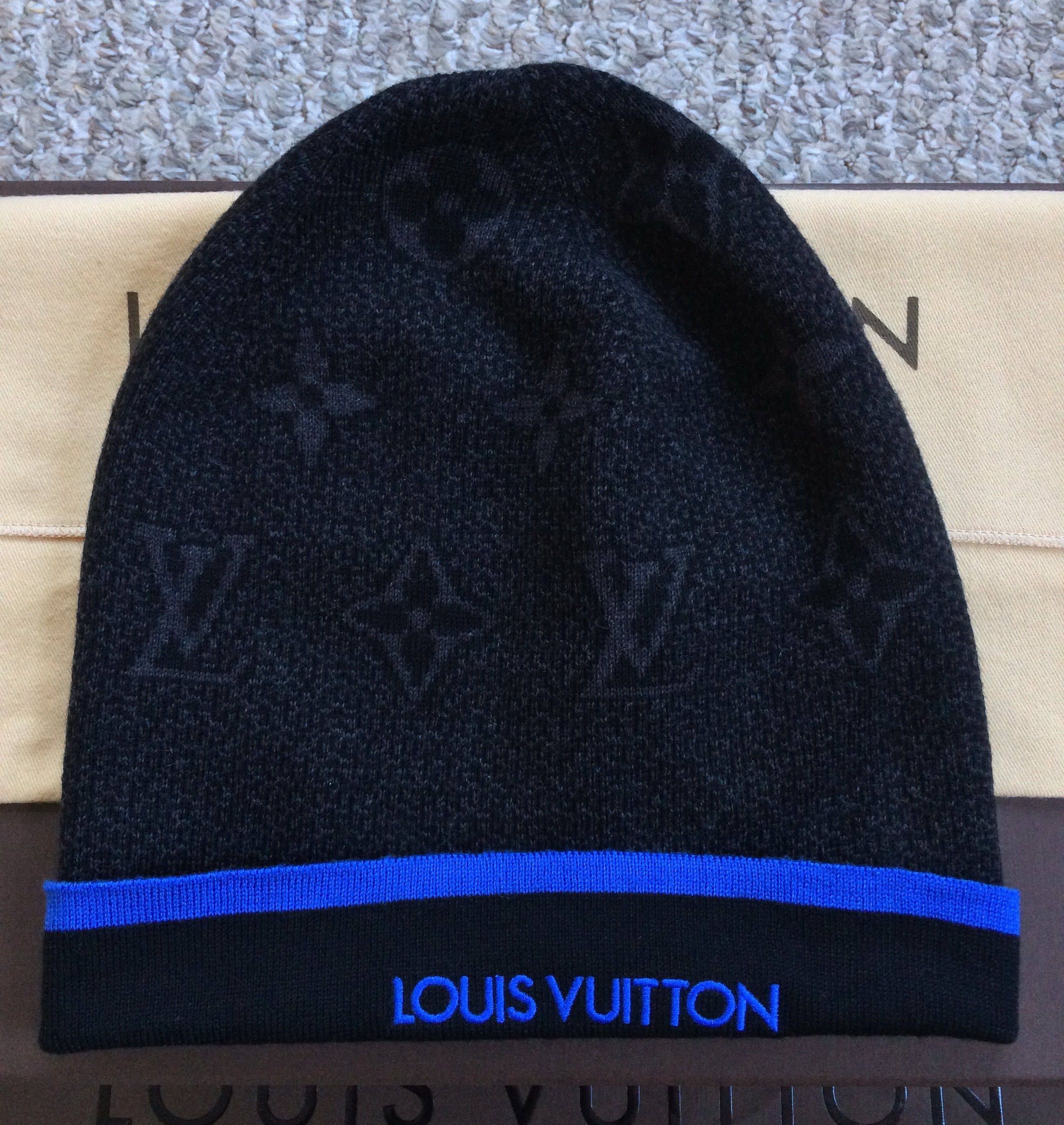 image of Louis Vuitton Monogram Logo Beanie Hat in Black, Men's