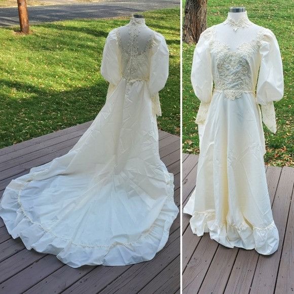 image of Vintage Victorian Edwardian Beads Lace Cream Wedding Dress, Women's (Size Small)