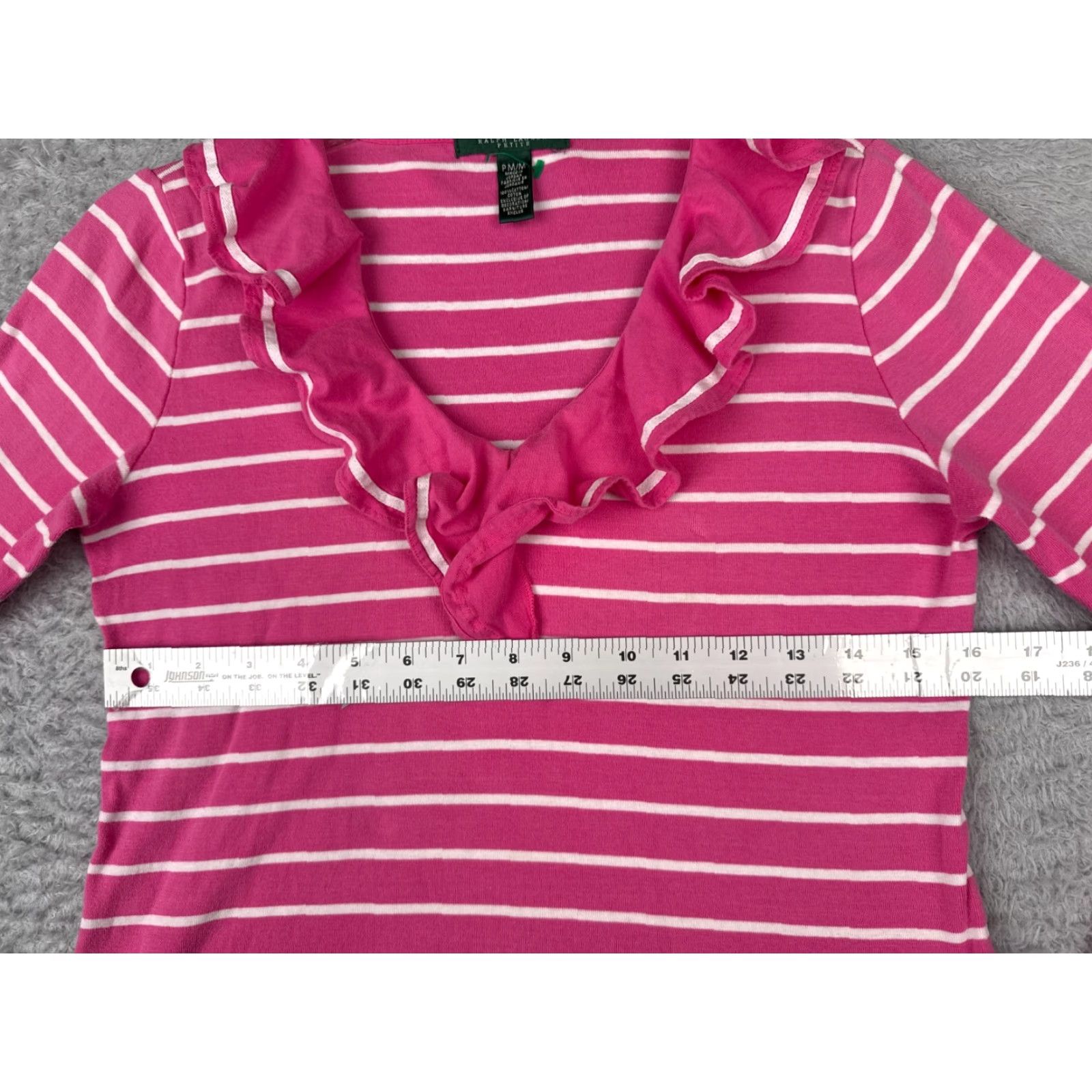 Ralph Lauren VINTAGE Lauren Ralph Lauren Shirt Women PM Petite Pink Striped Long Sleeve Cotton Pullover V-Neck Casual Ruffle Designer Size M / US 6-8 / IT 42-44 - 7 Thumbnail
