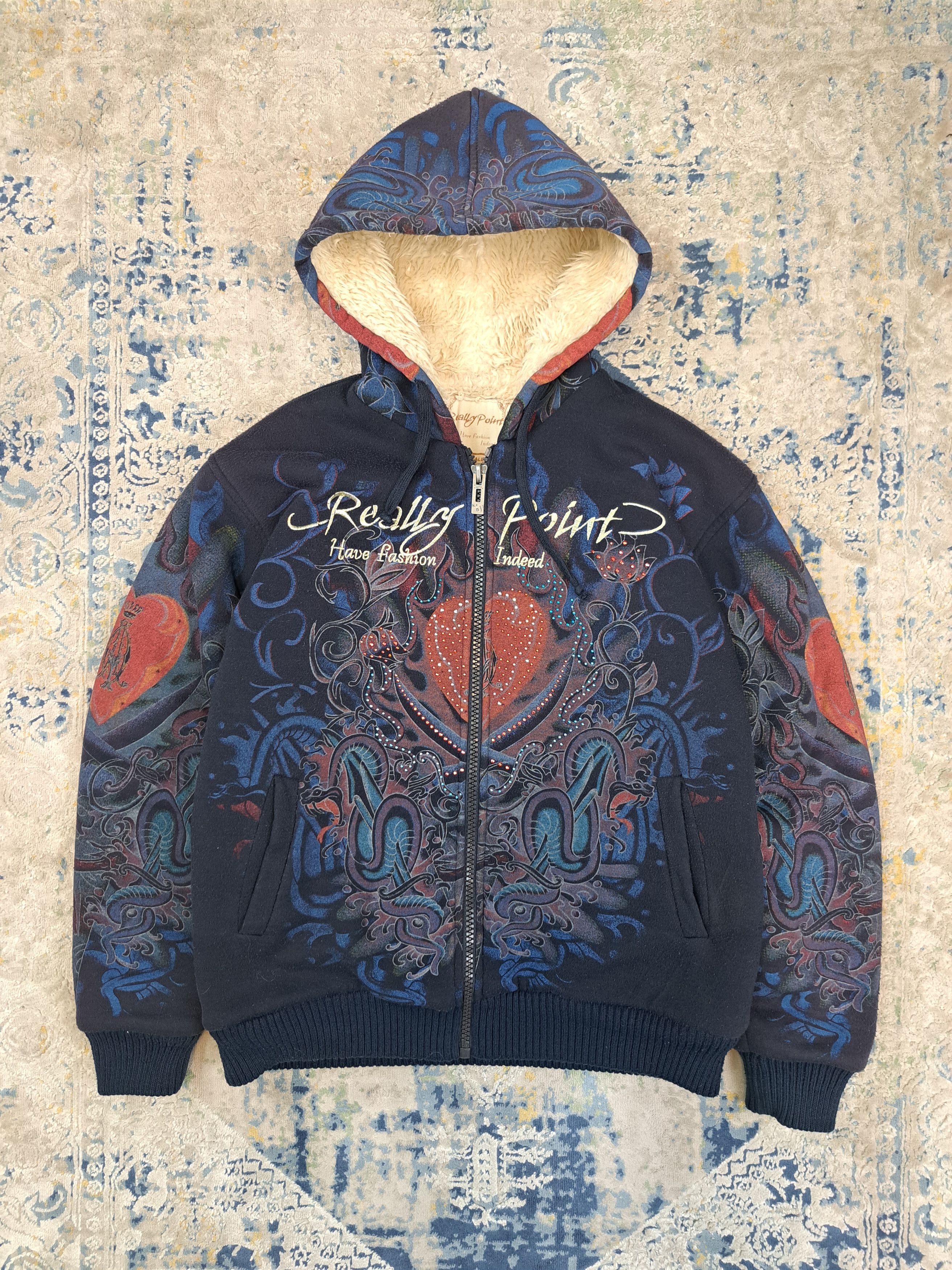 Pre-owned Christian Audigier X Ed Hardy Really Point Y2k Faux Fur Lined Overprint Hoodie Drip Swag In Blue