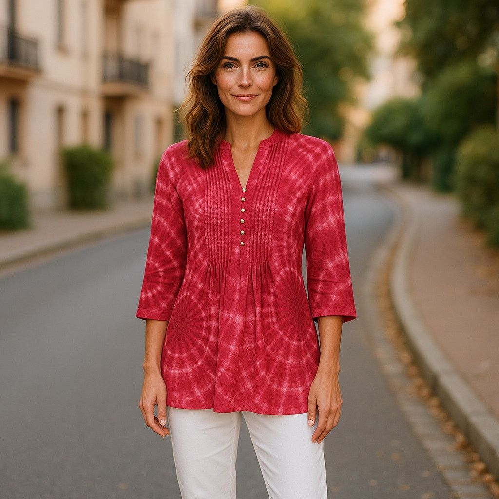 Chicos Chico's Petite Tie Dye Pintuck Peasant Blouse Deep Cherry Size XS / US 0-2 / IT 36-38 - 1 Thumbnail