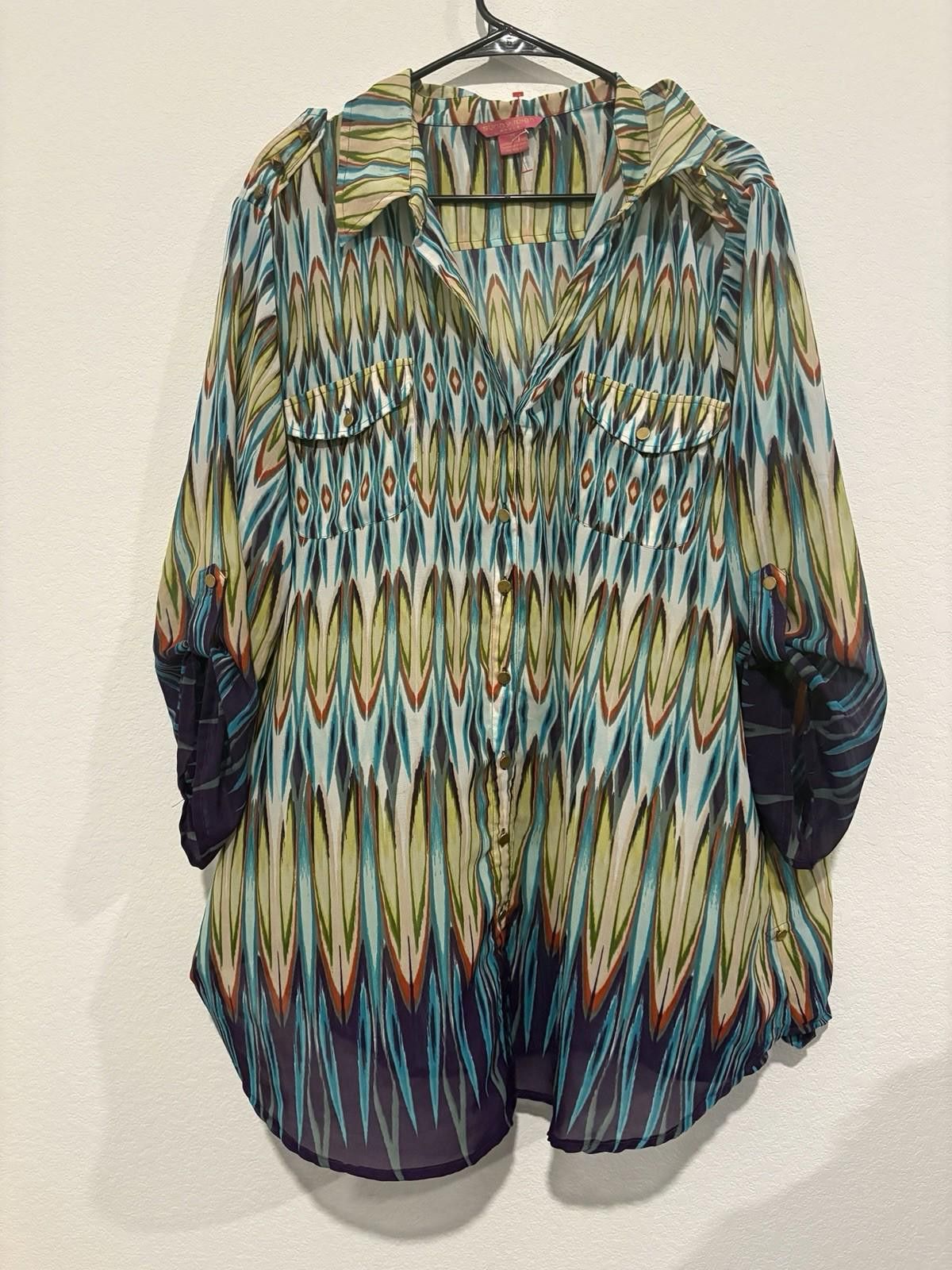 Other Sunny Leigh Green Peacock Shirt Blouse Women’s Plus Size 2X Size XXL / US 16-18 / IT 52-54 - 2 Thumbnail
