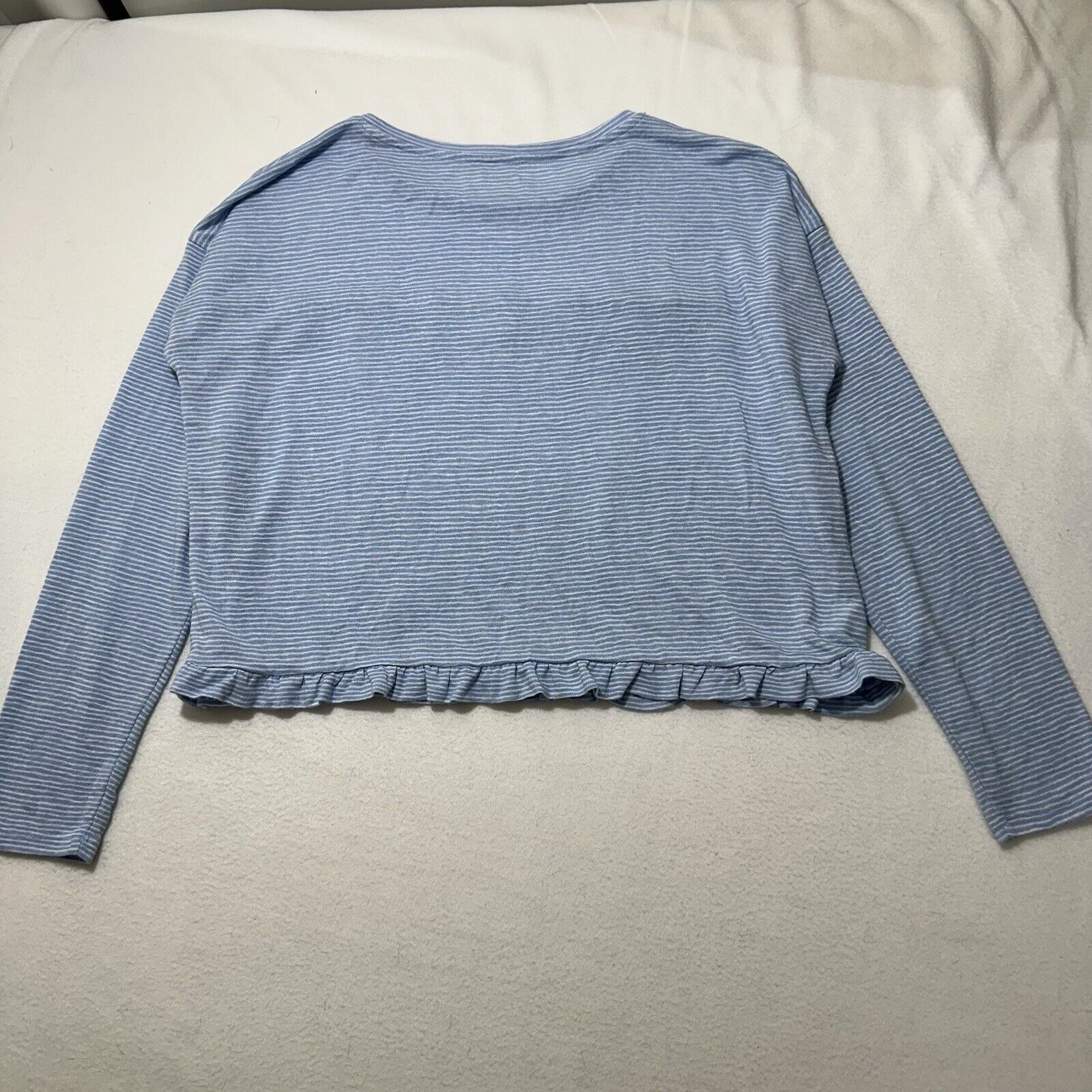 Loft LOFT Large Blue White Striped Long Sleeve Ruffle T Shirt Size L / US 10 / IT 46 - 10 Thumbnail