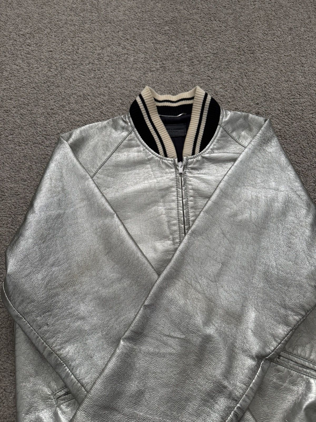 Saint Laurent Paris SS14 Saint Laurent Hedi Slimane Silver Varsity Teddy Jacket Size US S / EU 44-46 / 1 - 17 Thumbnail