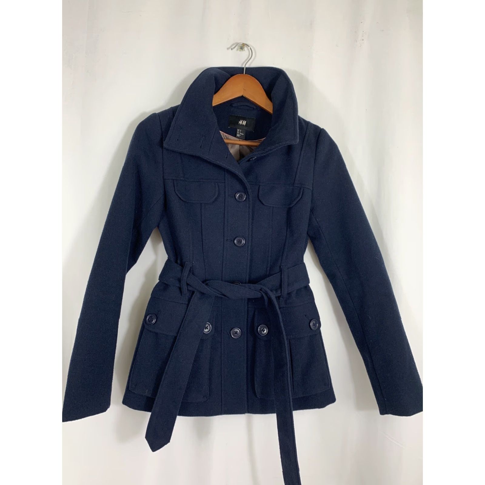 H&M HM Womens Size 4 Navy Blue Belted Button Up Pea Coat Ribbed Winter Jacket Size S / US 4 / IT 40 - 2 Thumbnail
