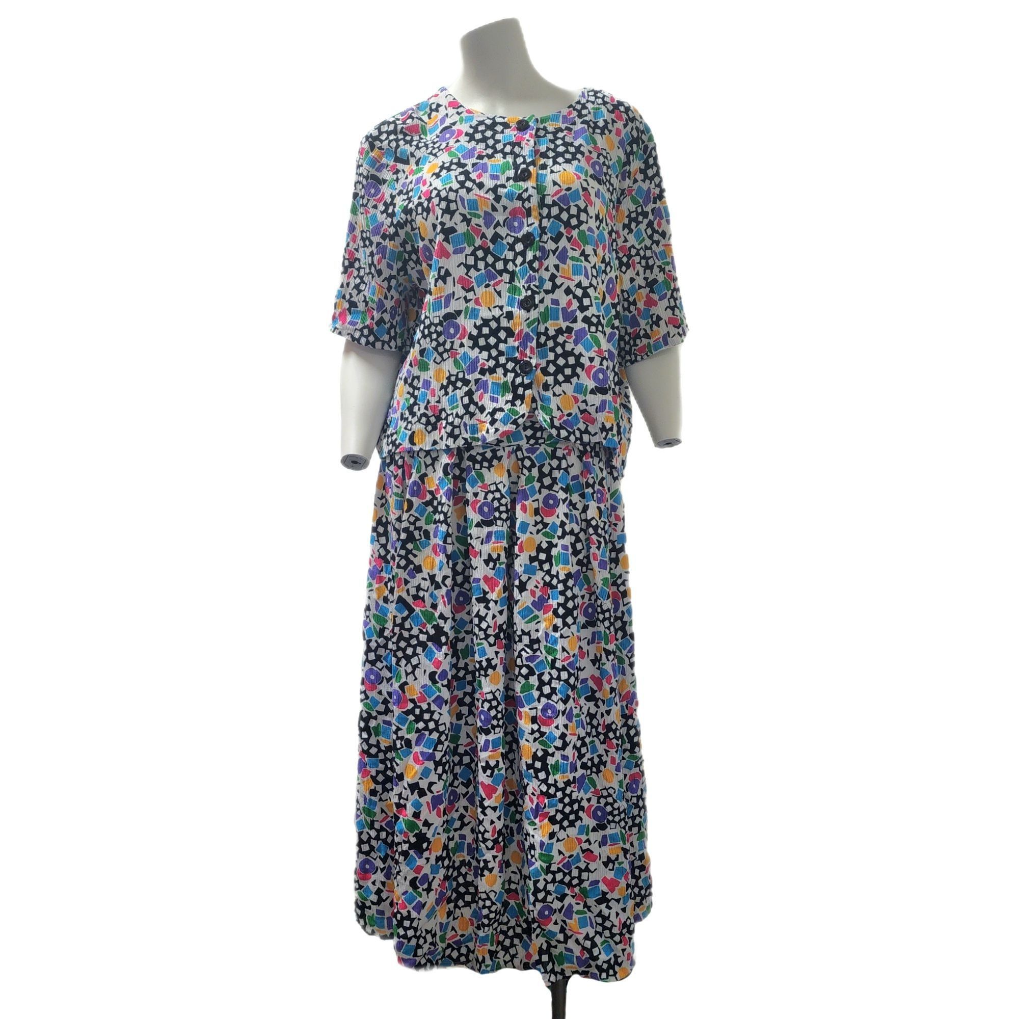Vintage 90s Dress 80s Geometric Print Skirt and Top Set
