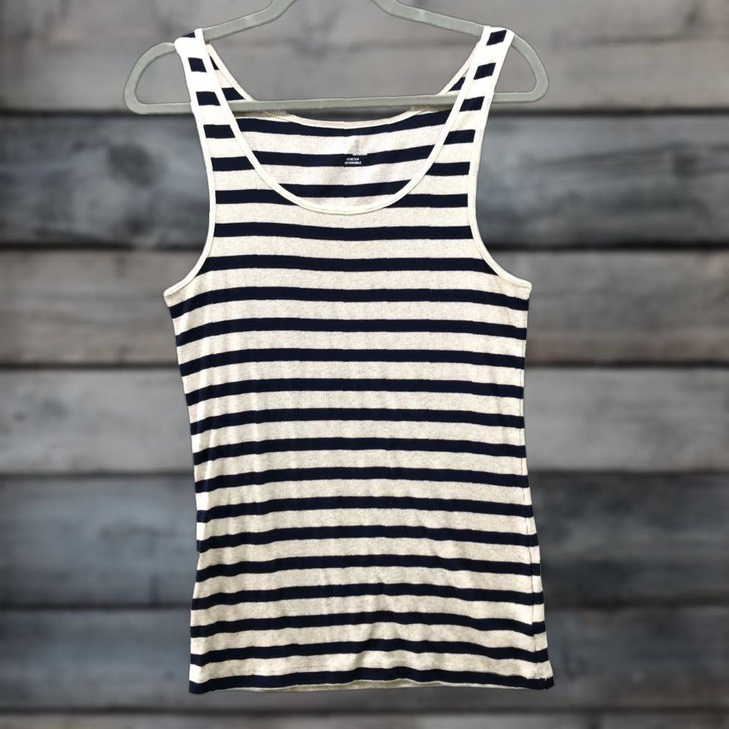 Gap Gap Women's Tank Top L Ivory Navy Striped Cotton Spandex Sleeveless Scoop Neck Summer Casual Size L / US 10 / IT 46 - 1 Thumbnail