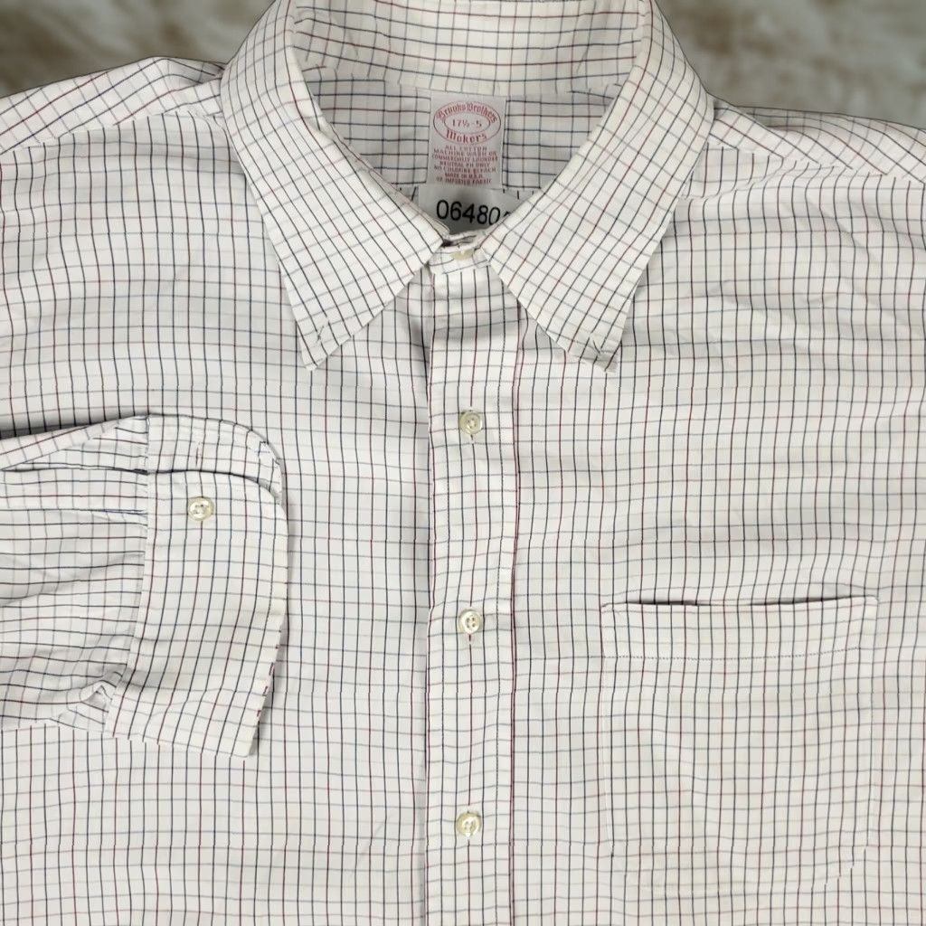 Brooks Brothers Brooks Brothers Shirt Mens 17.5 White Blue Check Dress Button Up Long Sleeve Size 46R - 1 Thumbnail