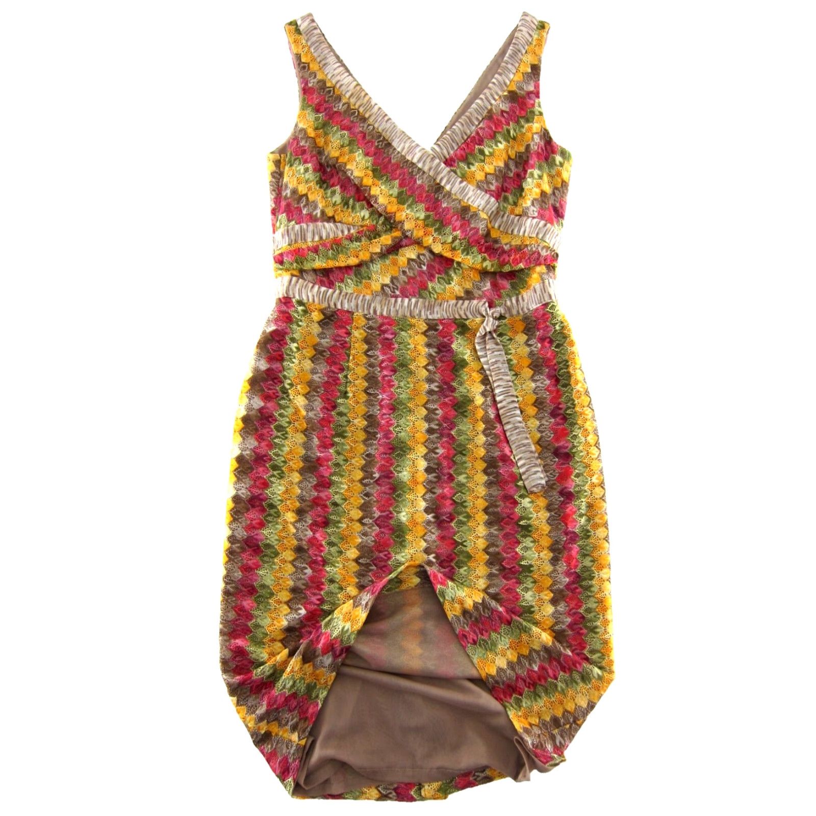 Vintage Kay Unger New York V-Neck Sheath Tank Dress 8 Dress, Sleeveless, Knee Length, Lined, Polyester, Orange, Pink, Green, Brown, Stripe, Zip Back, Women Size M / US 6-8 / IT 42-44 - 4 Thumbnail